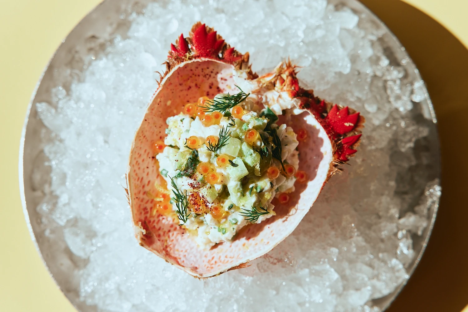 Crab meat served in its shell on crushed ice at The Tropic
