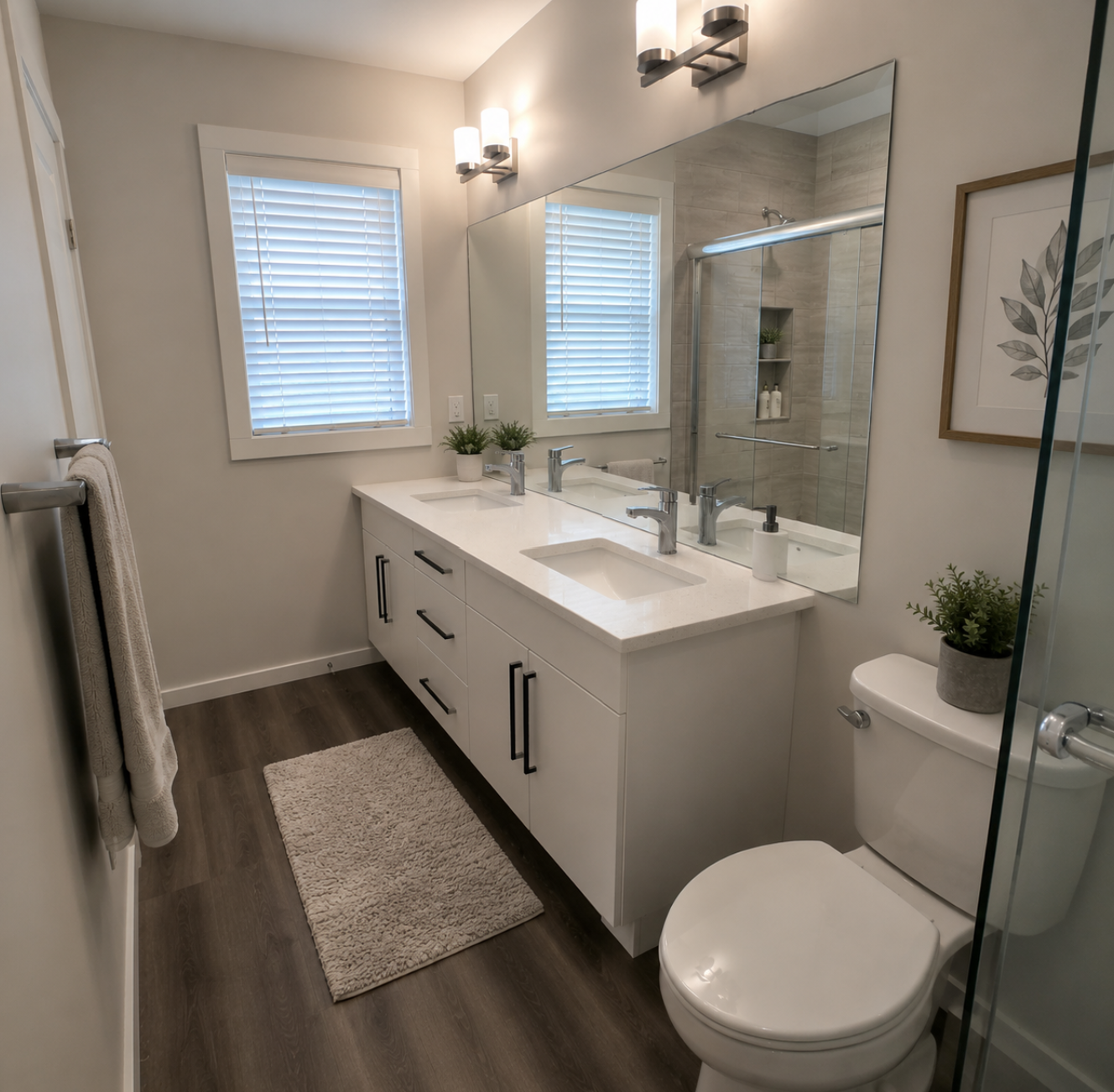Completed bathroom renovation with double vanity in Leduc, Alberta