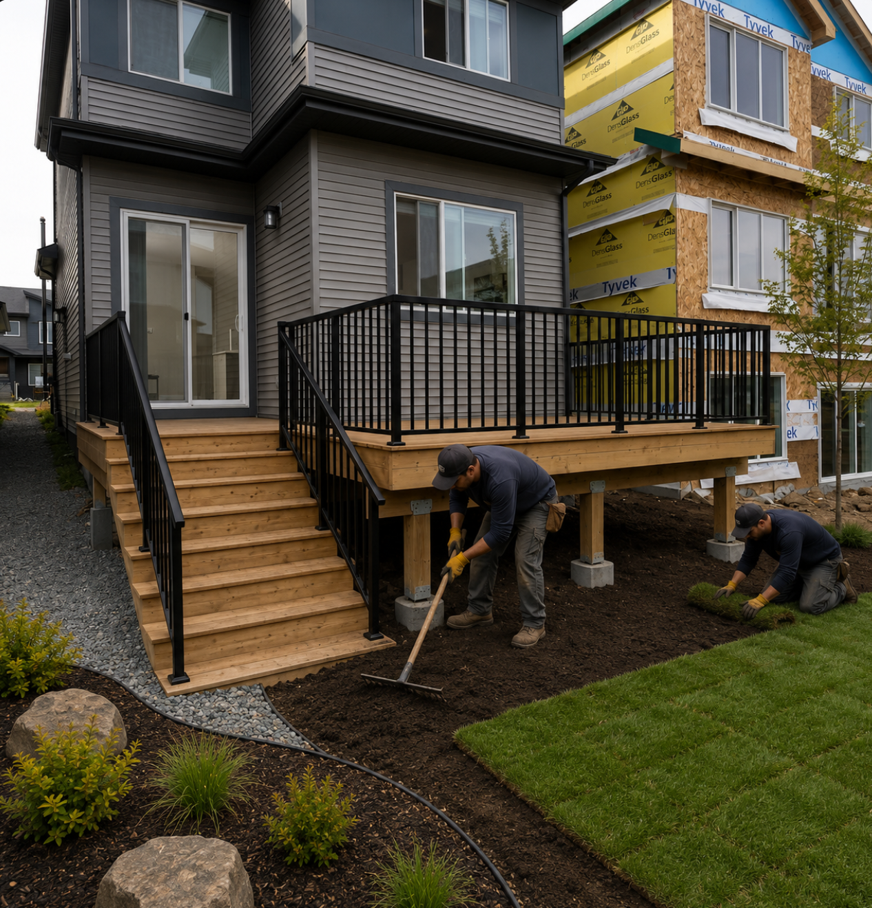 Malaver crew laying sod and grading soil around a new deck in Leduc