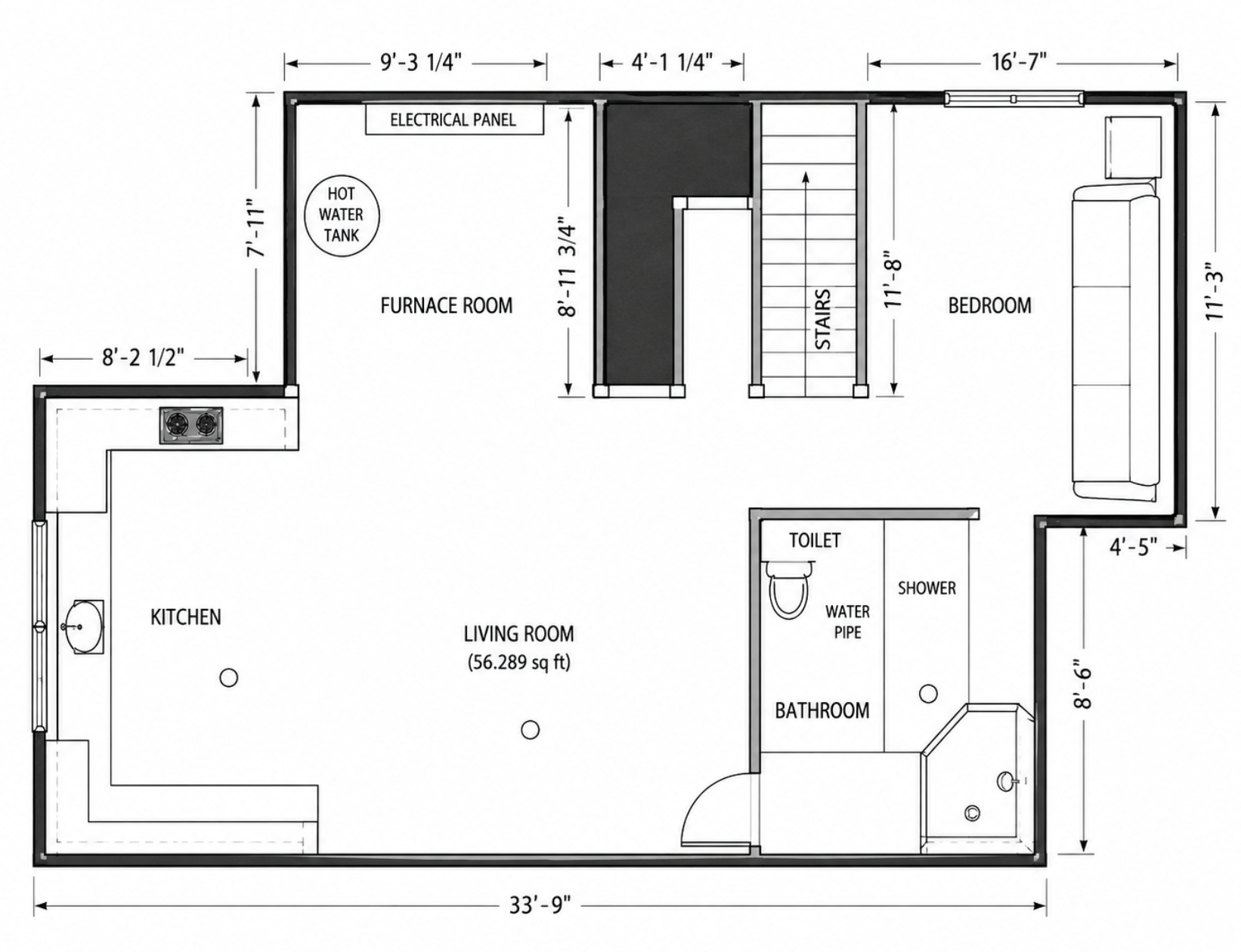 2D basement floor plan with measurements