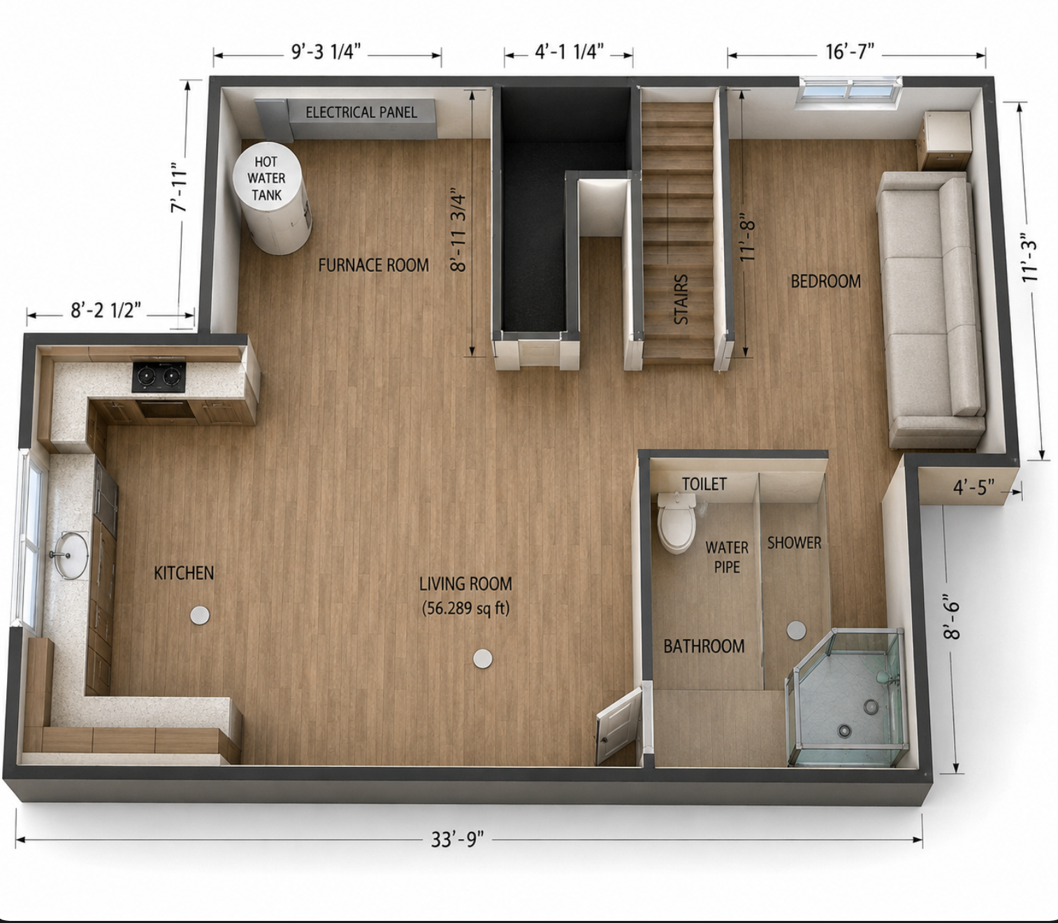 3D floor plan of a basement development with kitchen, living room, bedroom and bathroom
