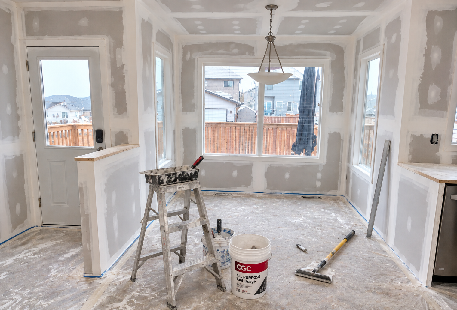 Drywall installation during the bathroom renovation