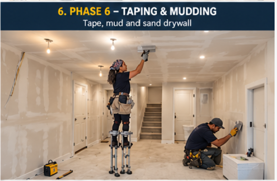 Basement drywall taping and mudding stage