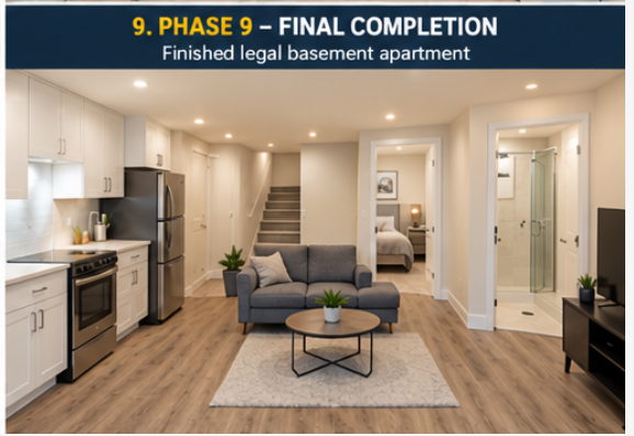 Finished basement suite with kitchen and living area
