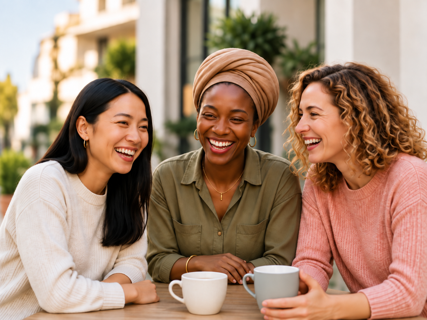 Drei Frauen lachen gemeinsam bei einem Kaffee