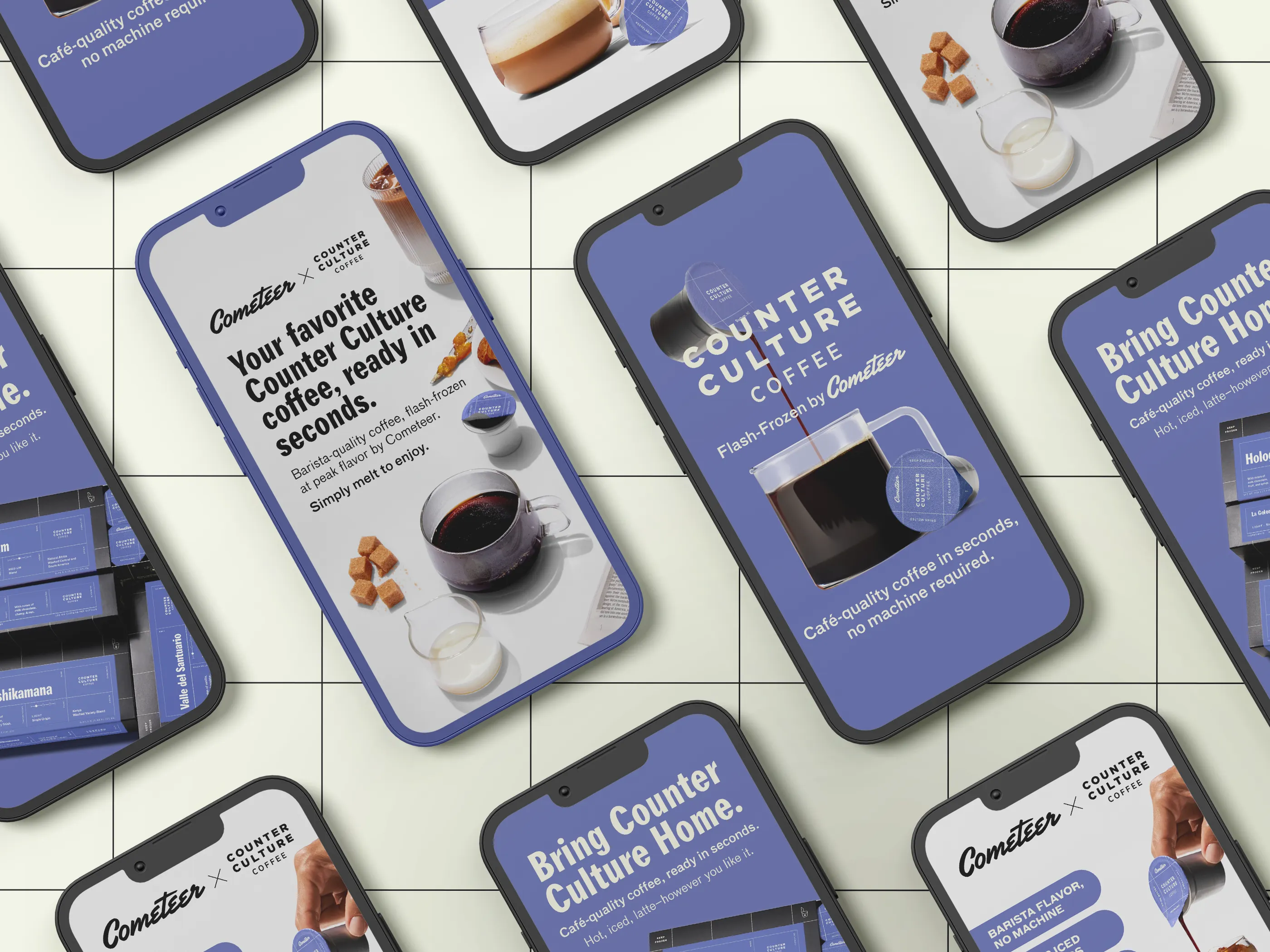 Digital ad design for Cometeer x Counter Culture Coffee, social media advertising creative for DTC coffee brand launch and product awareness campaigns