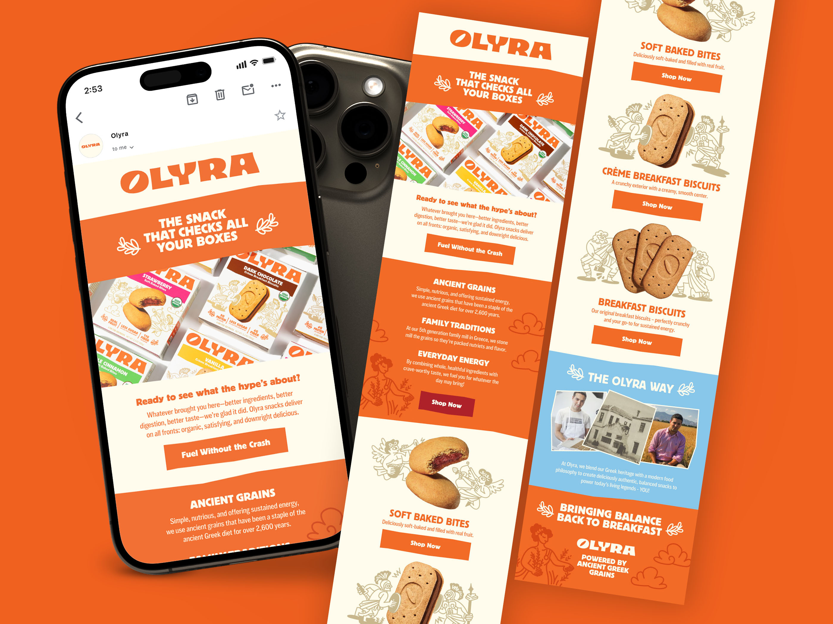 Email design for CPG snack brand Olyra, e-commerce email marketing layout optimized for product launches, brand storytelling, and conversion-focused campaigns