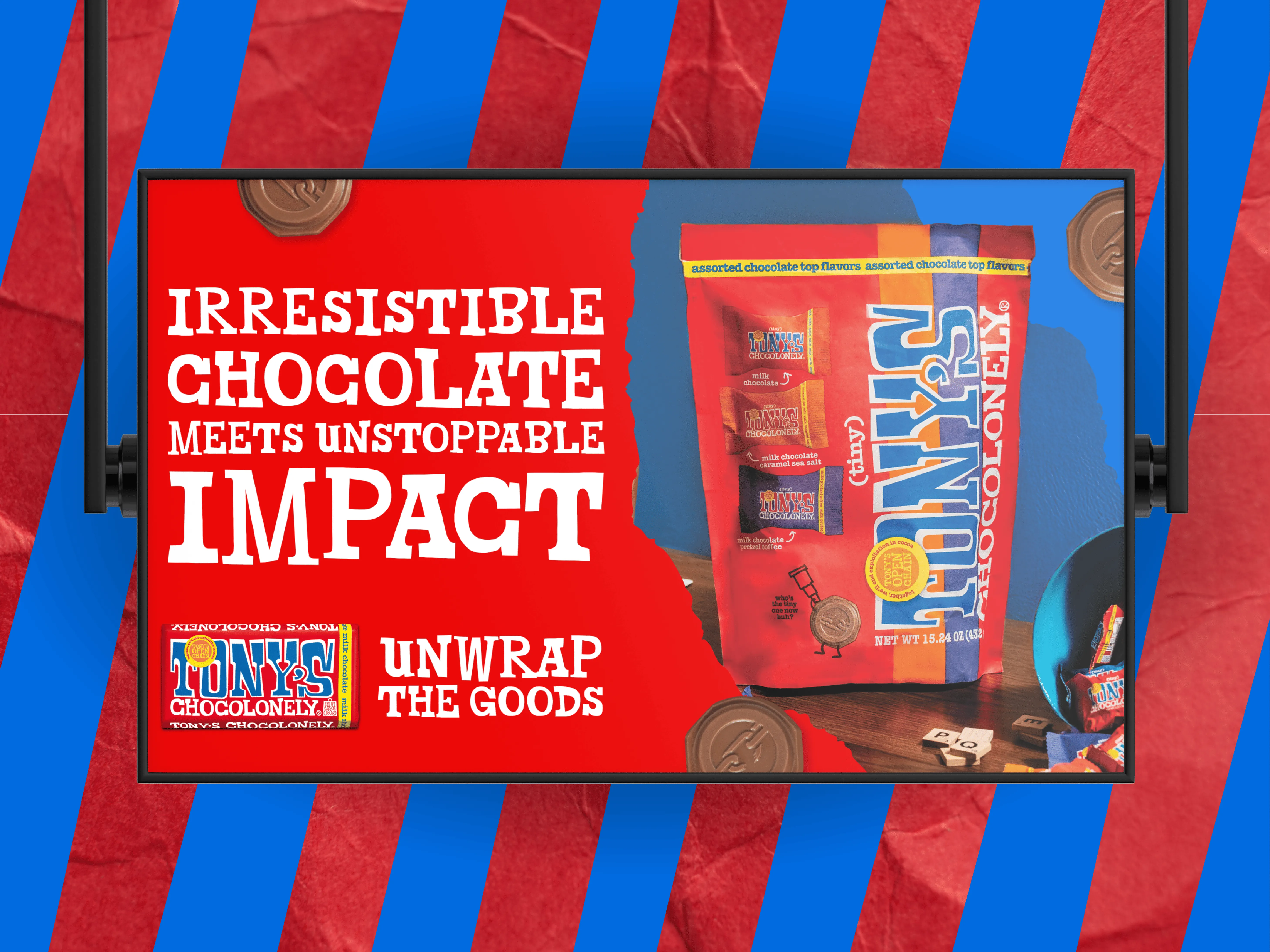 Digital display advertising design for Tony's Chocolonely, retail signage and trade show graphics optimized for high-traffic environments and brand awareness