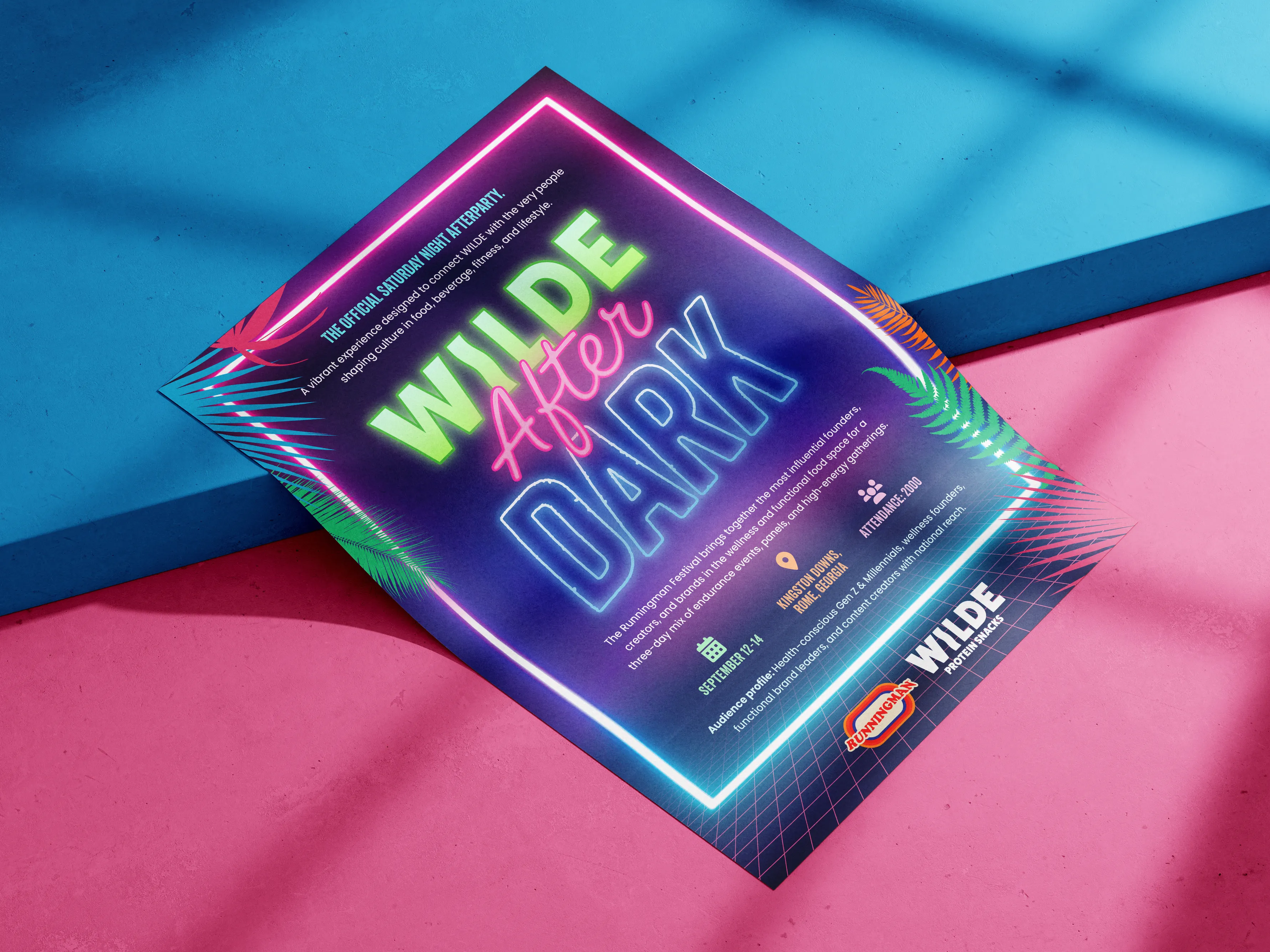 Event poster design for Wilde Protein Snacks, trade marketing and experiential event print asset with vibrant neon graphics for The Runningman Festival afterparty