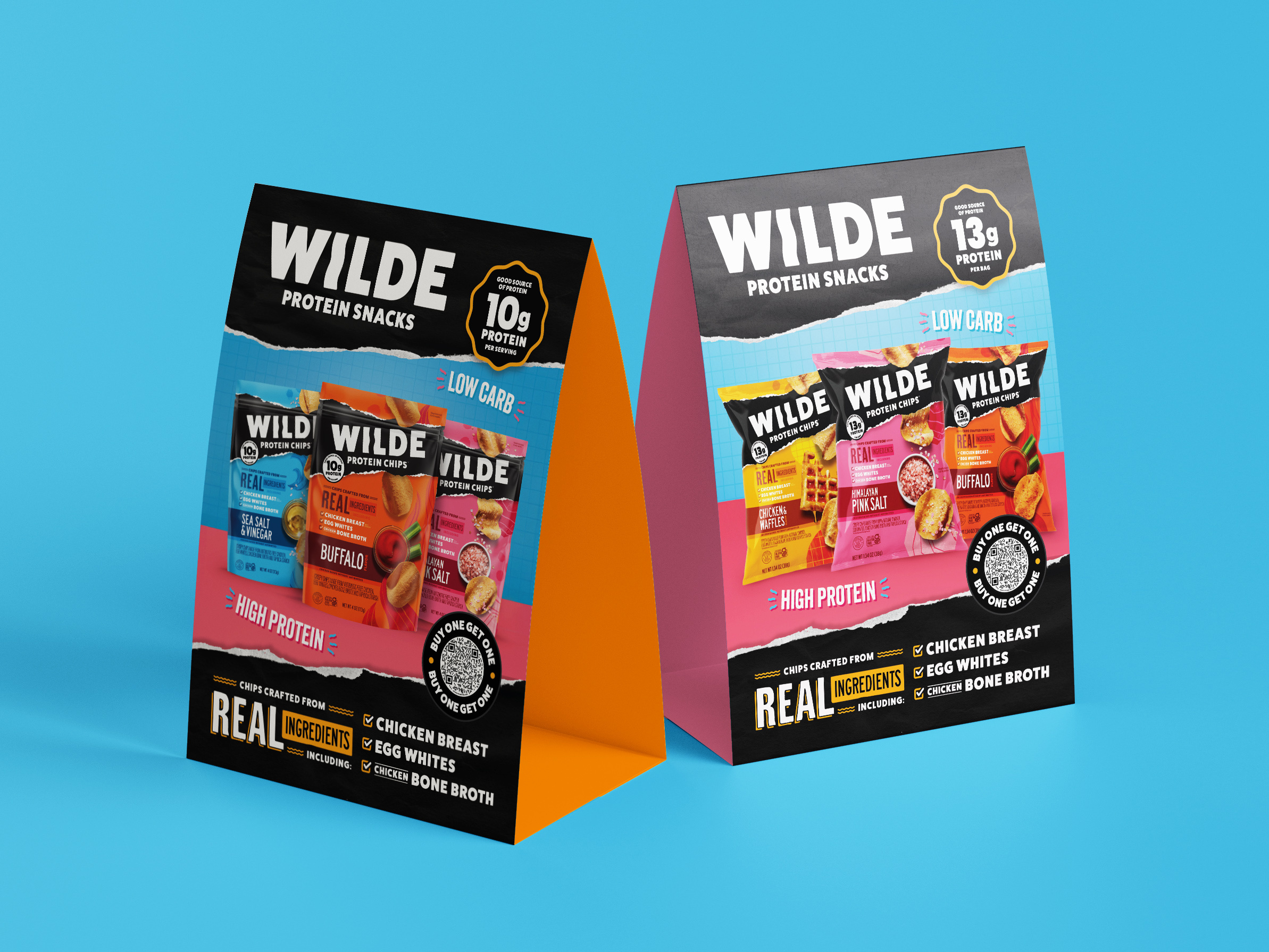 Tabletop display design and print for Wilde Protein Snacks, trade marketing asset for events and retail promotions featuring product packaging and key nutritional benefits