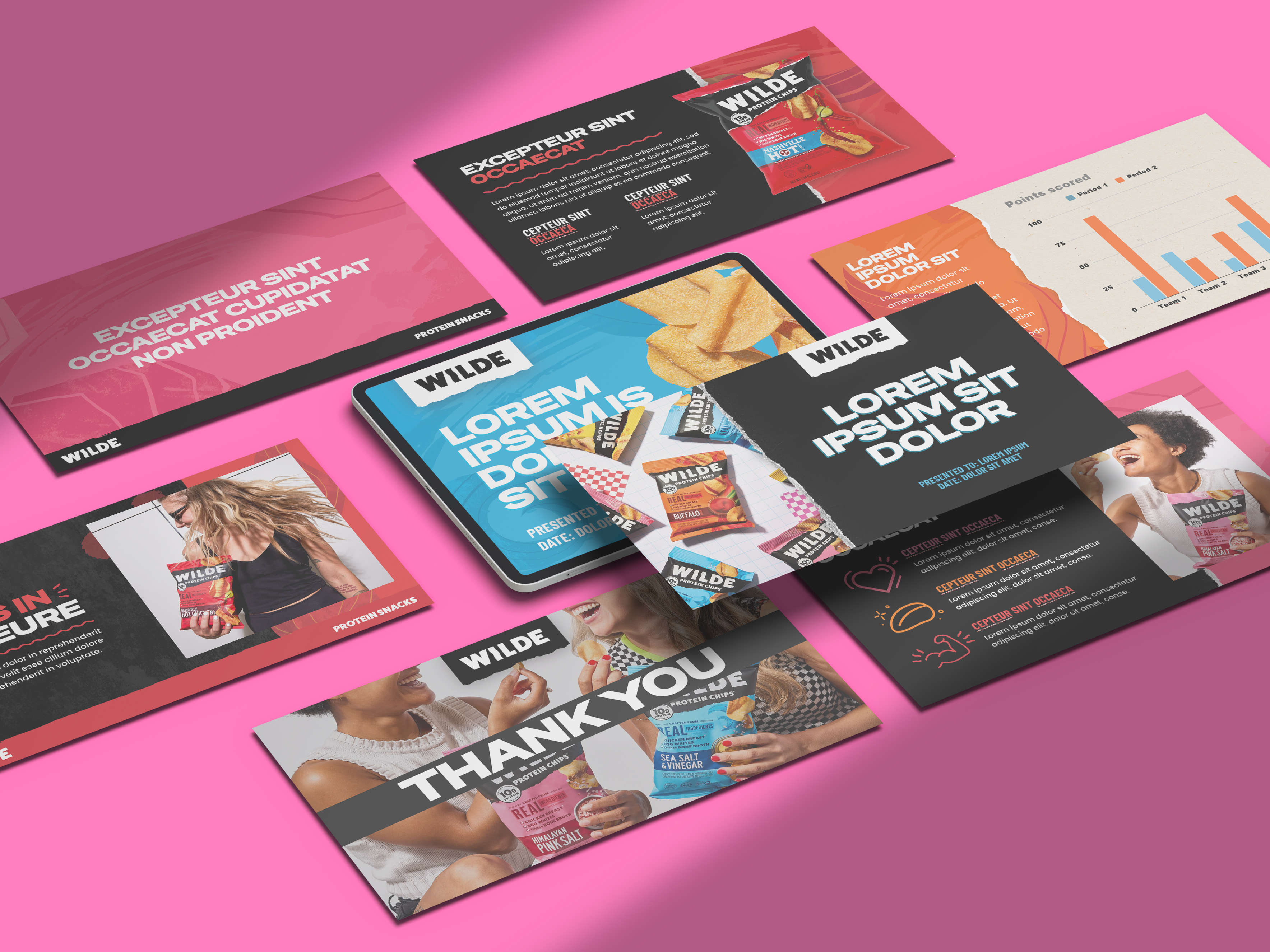 Presentation design and sales deck for CPG snack brand Wilde, bright and bold layout with product photography, lifestyle images, data charts, and typography for trade marketing