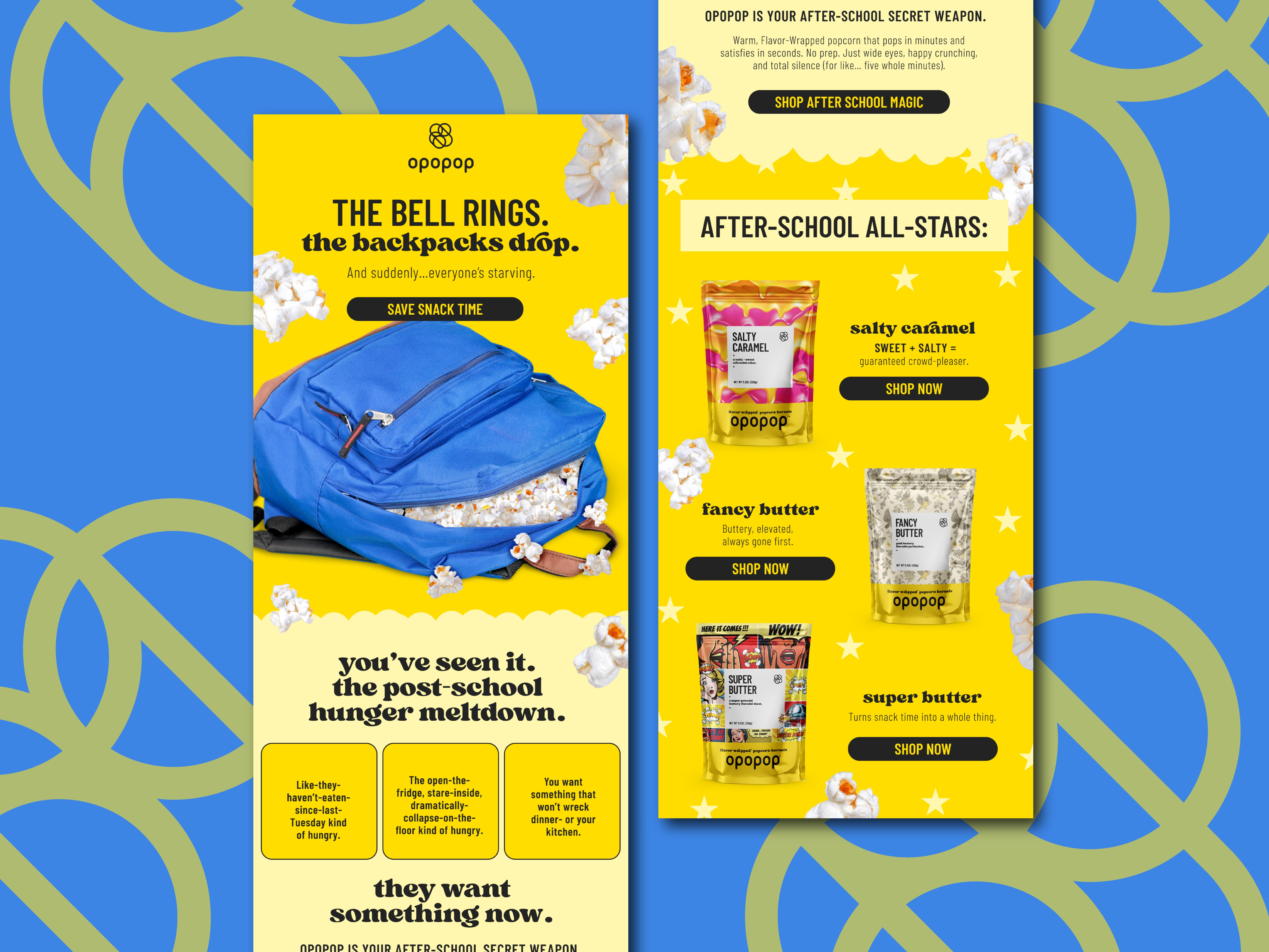 Email design for DTC popcorn brand Opopop, e-commerce email marketing layout optimized for back to school promotions and product discovery