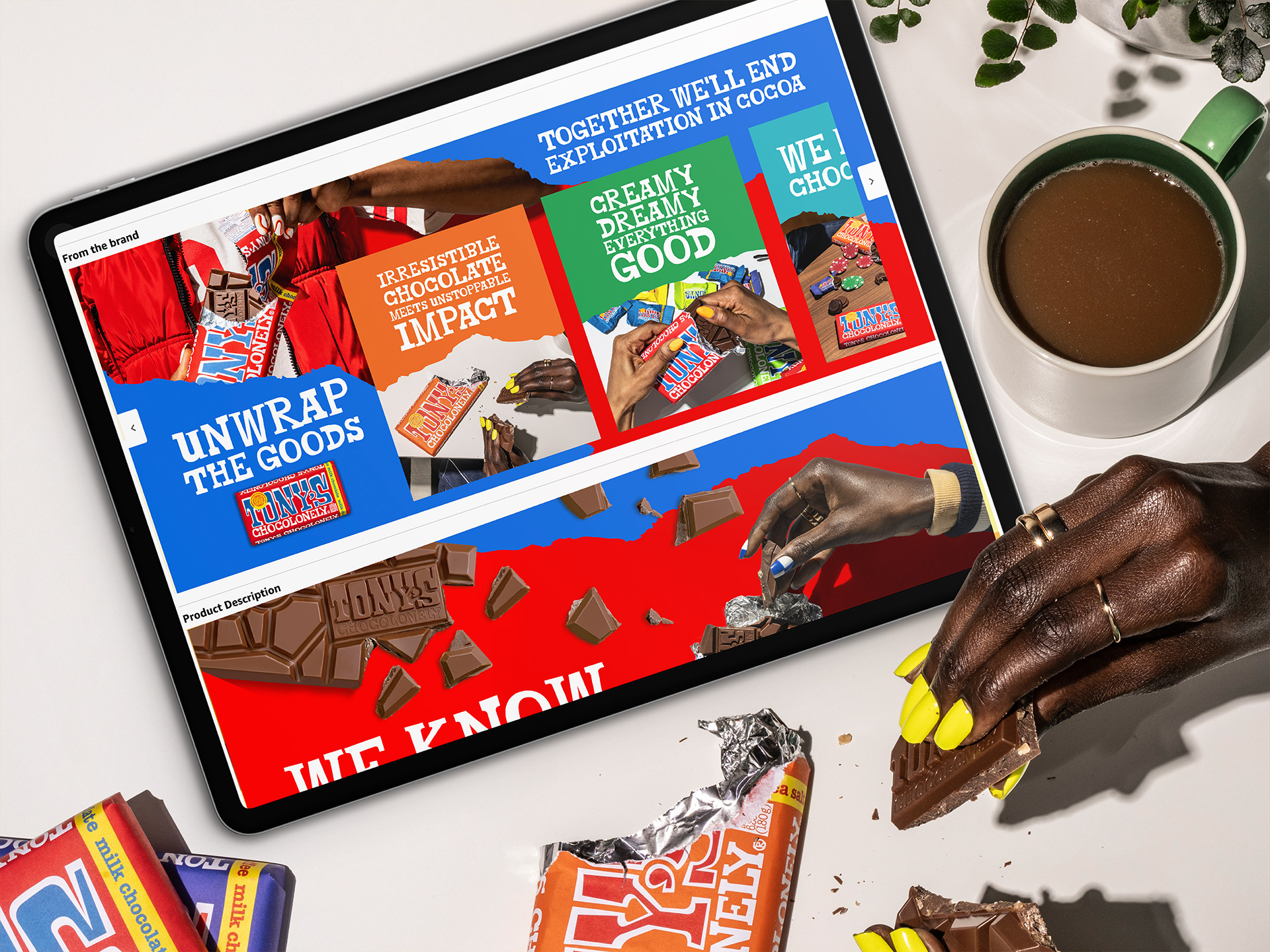 E-commerce web design and digital brand experience for CPG snack brand Tony's Chocolonely featuring a vibrant block layout and product messaging optimized for engagement