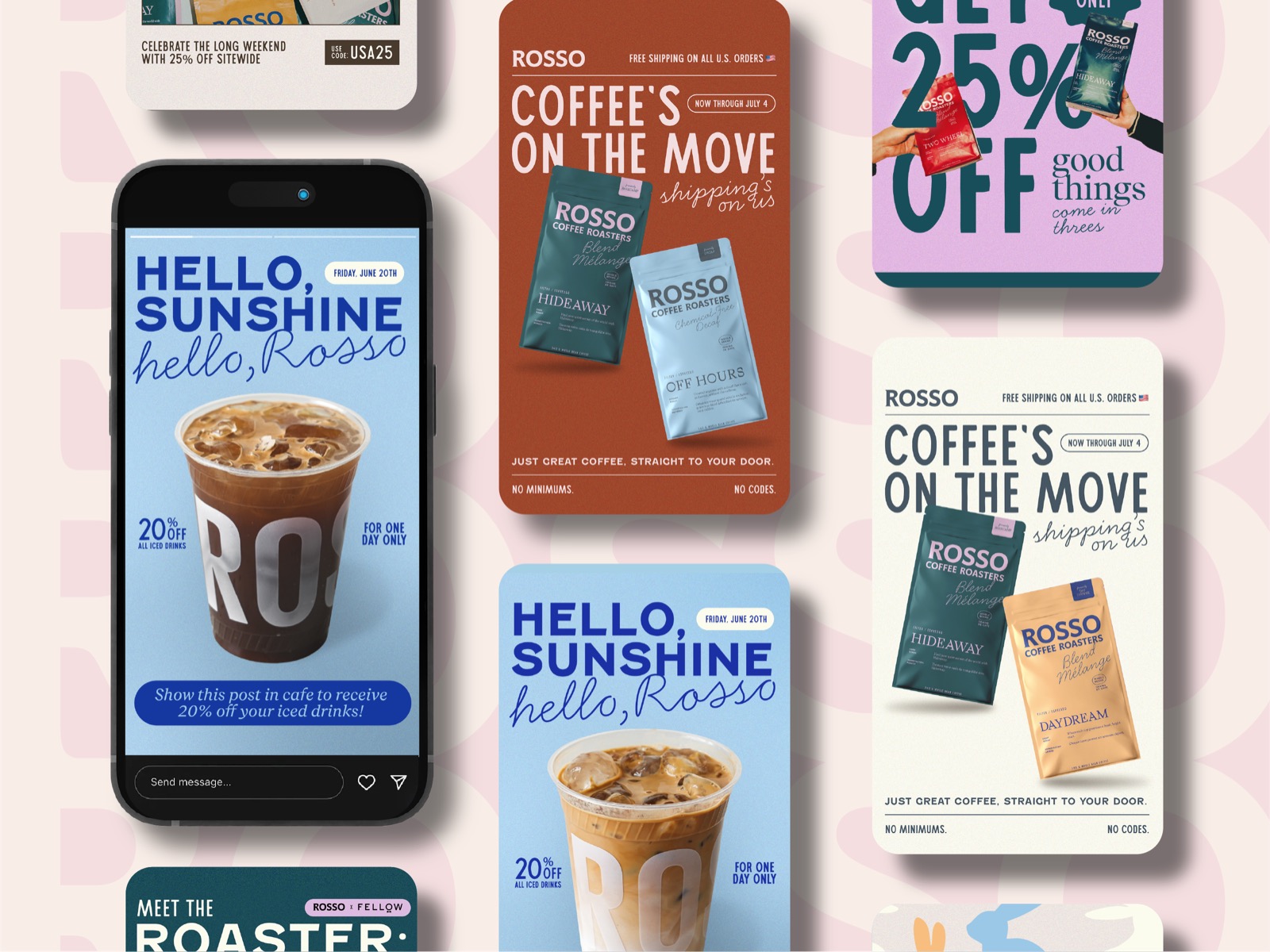 Social media story design for Rosso Coffee Roasters, promotional graphics for digital marketing campaigns, product launches, and special offers