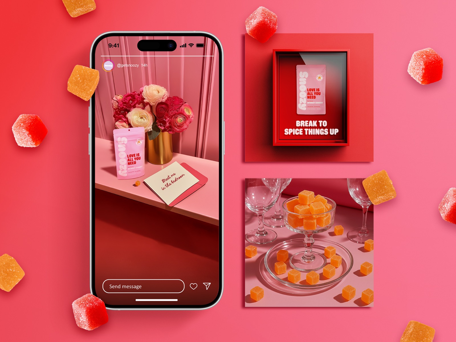 Social media advertising design for CPG brand Snoozy, Instagram Story and feed posts for a romantic campaign, digital marketing assets