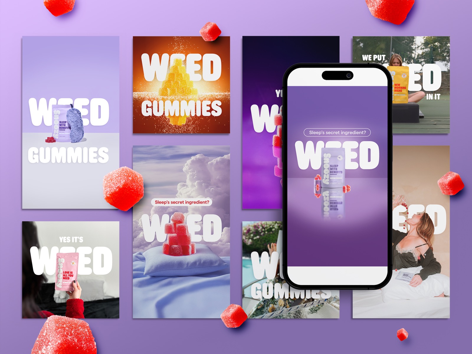 Digital ad design for DTC gummy brand, social media advertising campaign layout with static posts and mobile mockup optimized for engagement and brand awareness