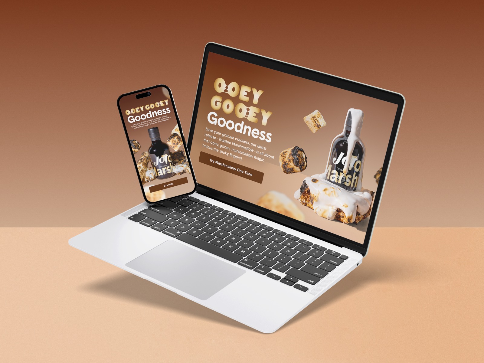 Web banner design for CPG brand Jojo Marsh, digital marketing graphic for toasted marshmallow product launch displayed on laptop and smartphone screens