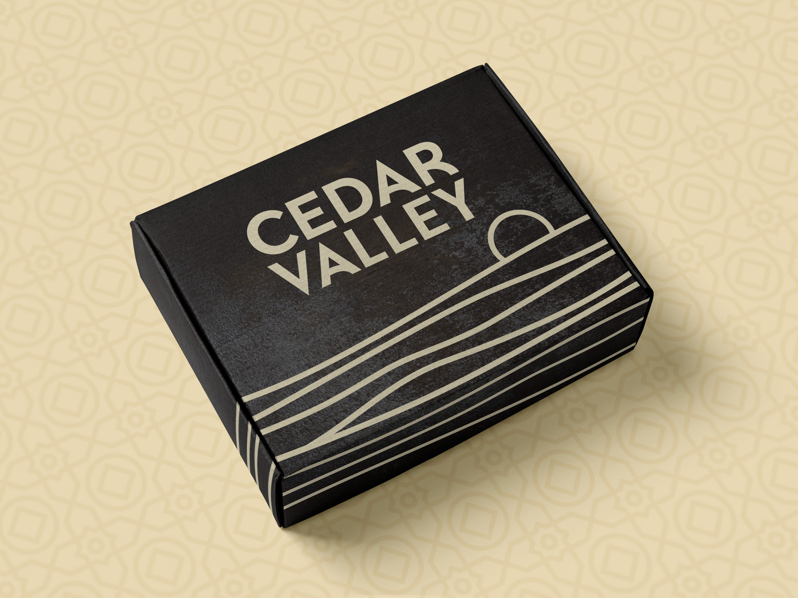 Custom packaging design for Cedar Valley influencer marketing kit, minimalist black box with cream typography and line art for brand activation and promotional seeding
