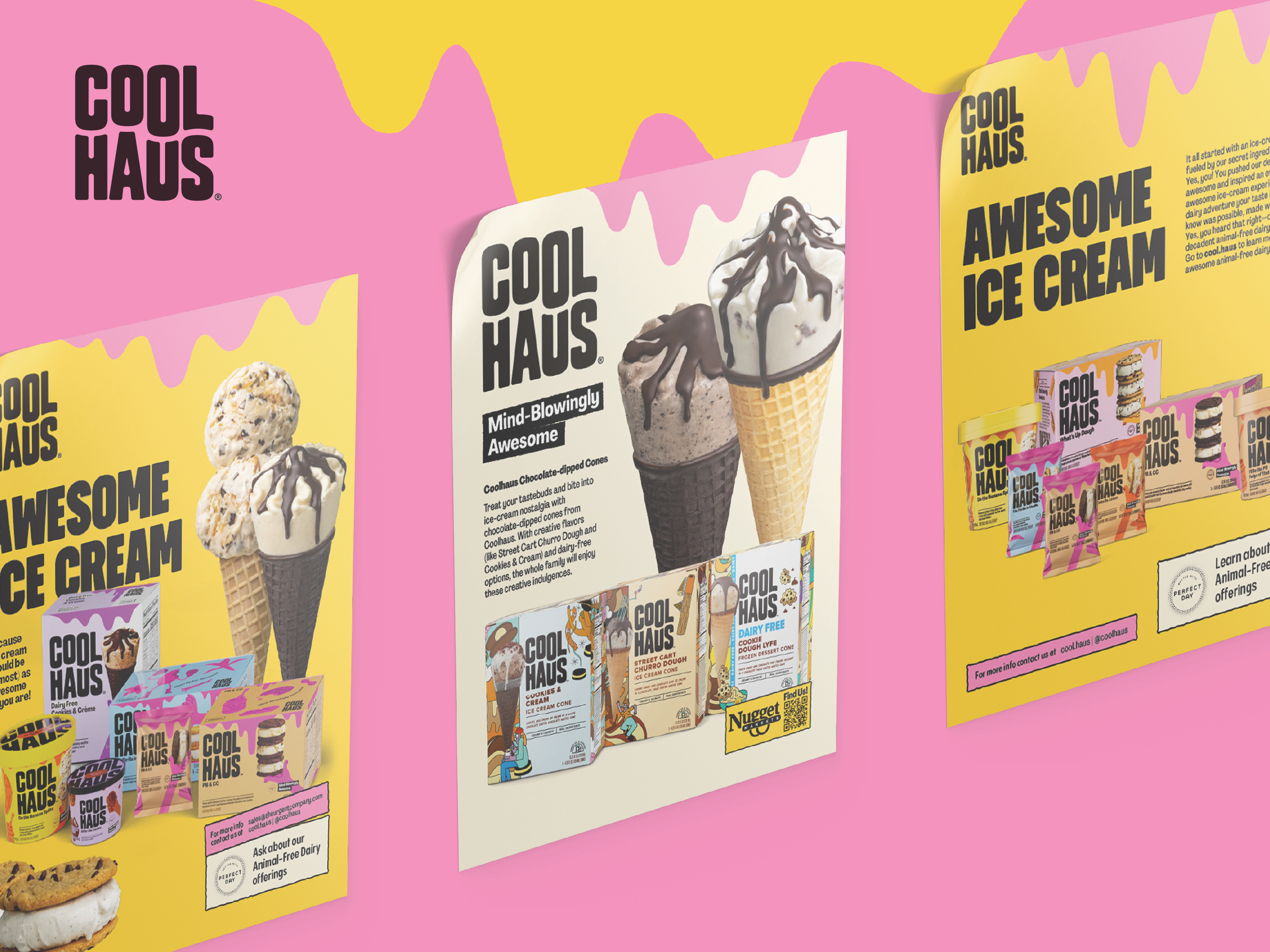 Retail poster design and point-of-sale graphics for CPG snack brand Cool Haus, trade marketing assets for events and retail promotions featuring ice cream cones and sandwiches