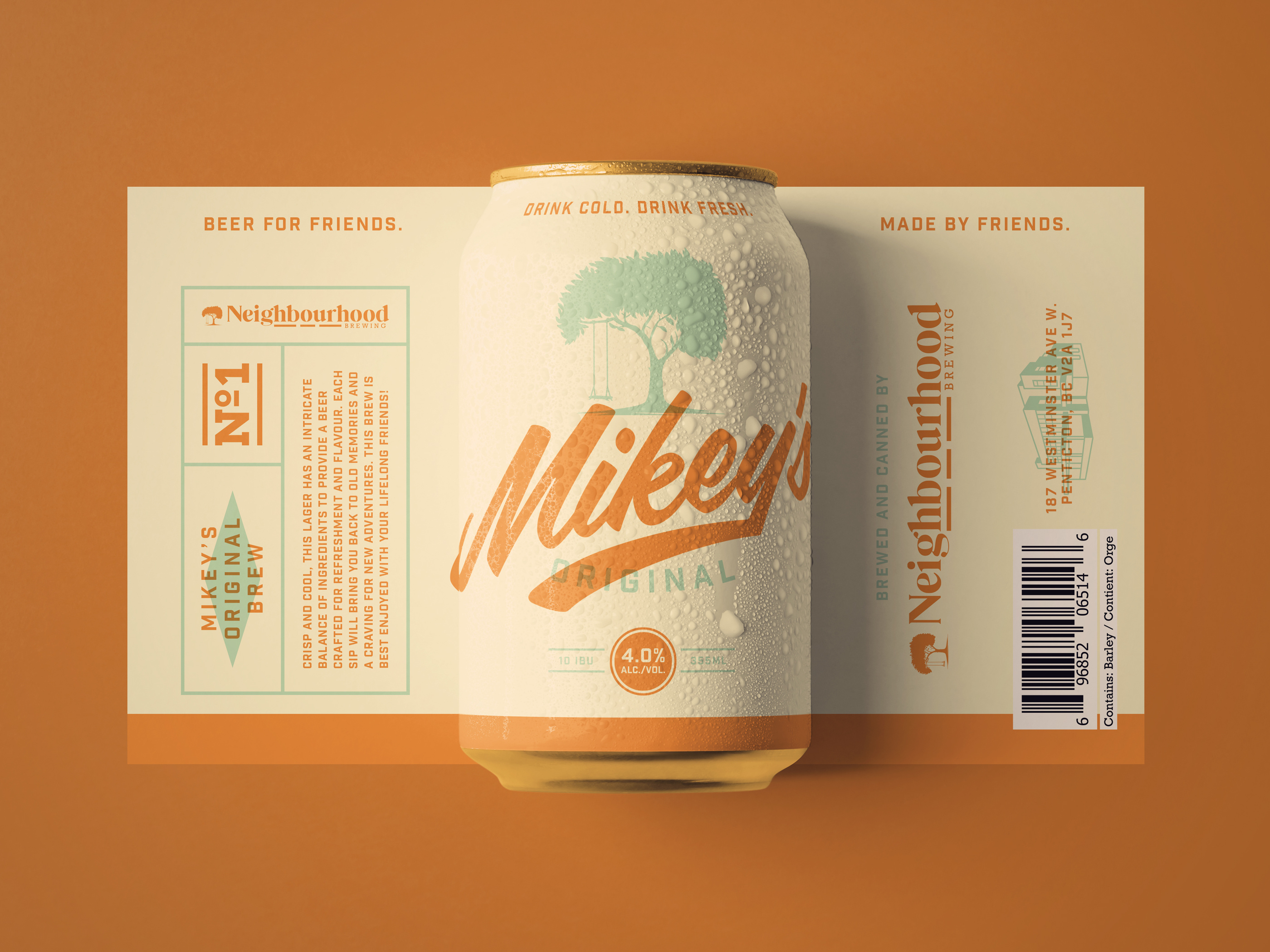 Packaging design for Neighbourhood Brewing beer can, vintage style label for Mikey's Original Brew, orange and cream color palette, CPG beverage branding for retail and craft markets