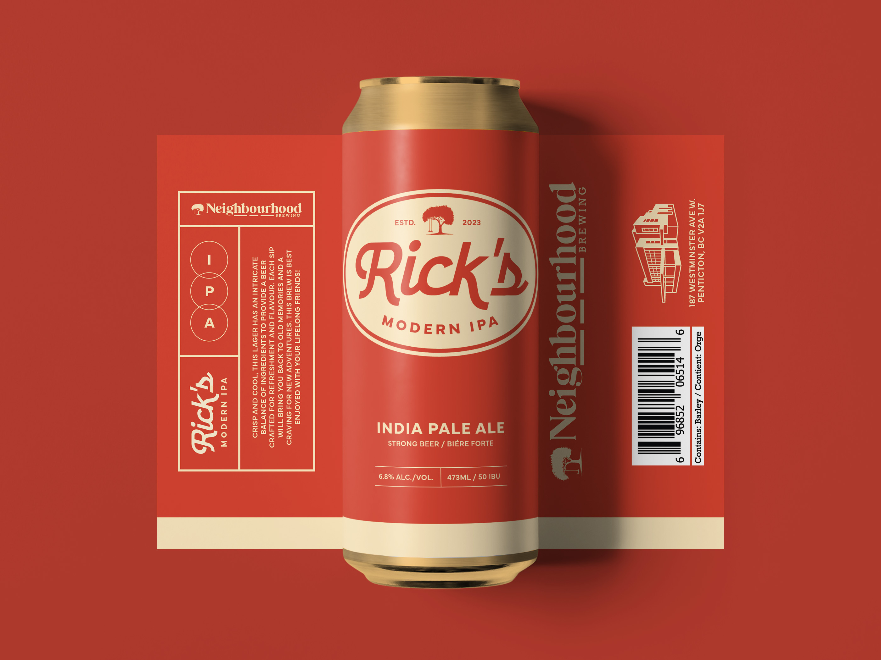 Craft beer can design and label artwork layout, beverage packaging for retail and trade marketing promotions, red and cream color palette