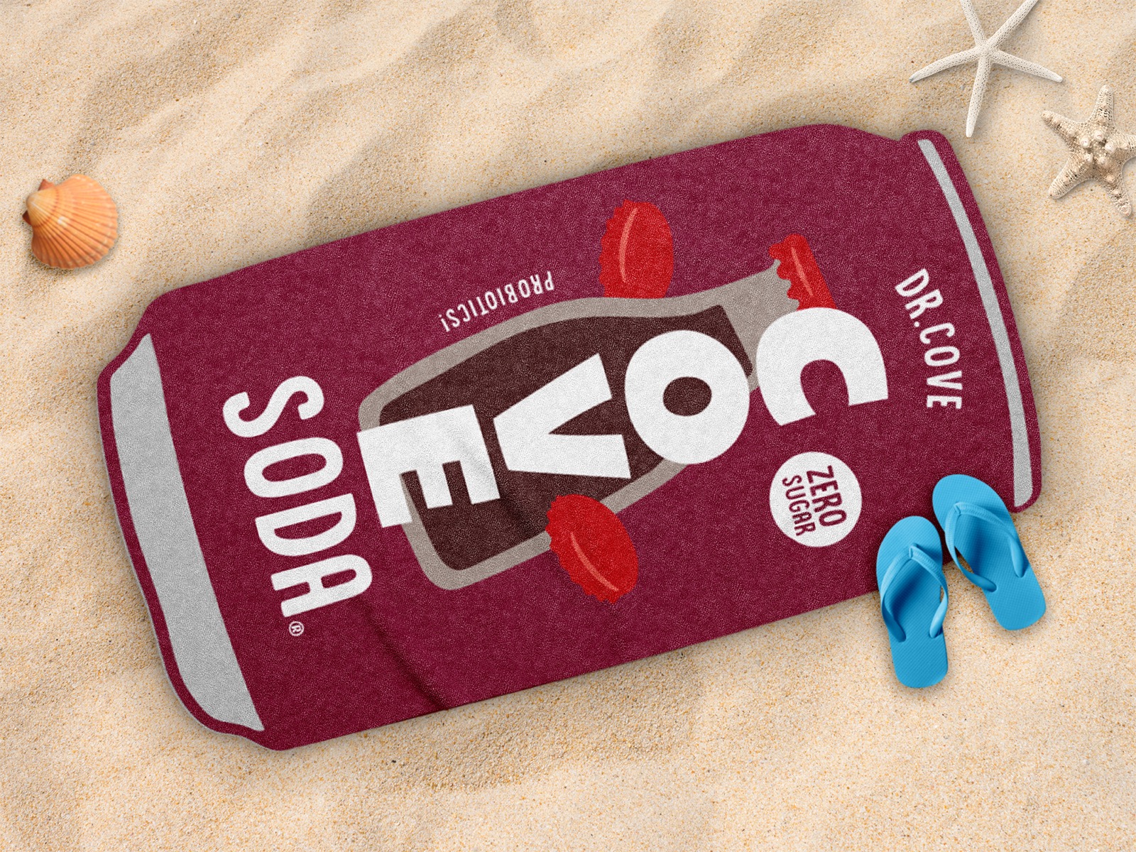 Promotional beach towel design for CPG soda brand Cove Soda, branded swag for events and retail promotions featuring large logo and product illustration