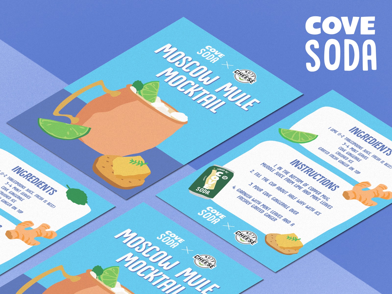 Menu design and print collateral for Cove Soda, trade marketing asset for events and retail promotions featuring Moscow Mule Mocktail recipe with illustrations