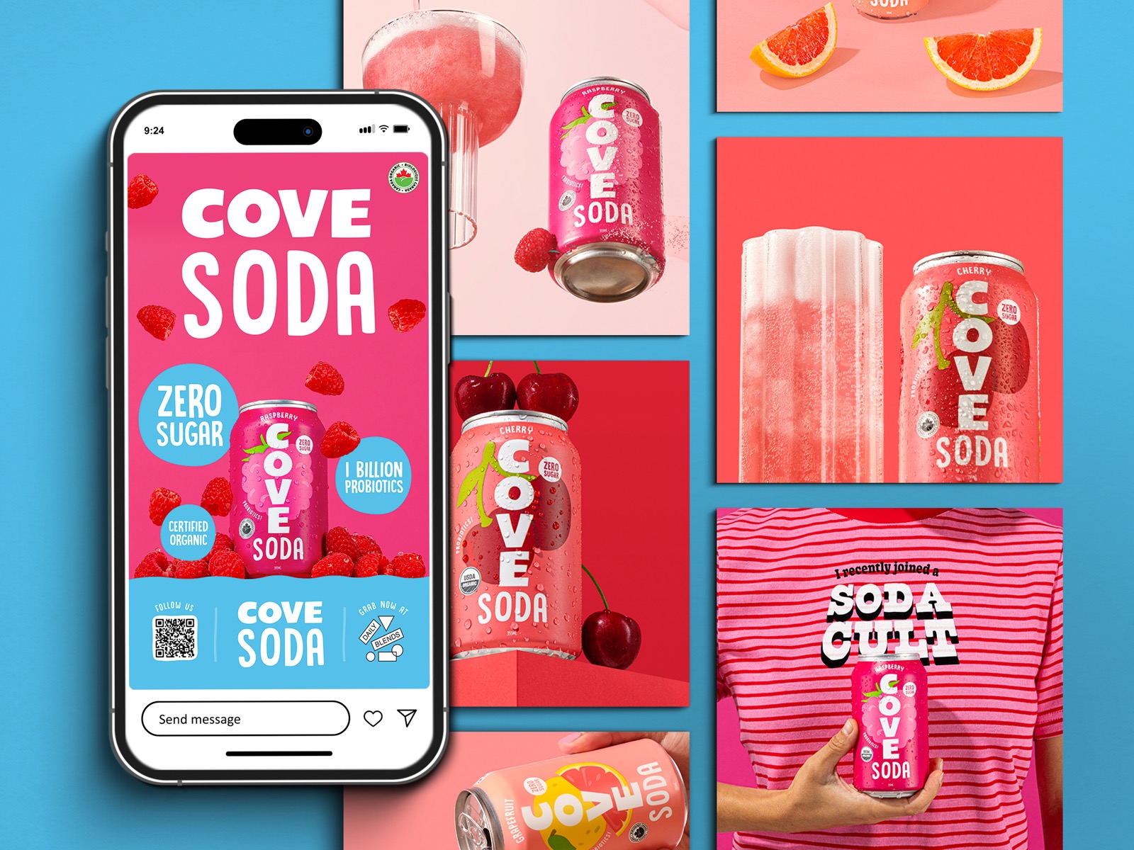 Social media design for Cove Soda, digital marketing assets for beverage brand product launch, vibrant and colorful Instagram post layout