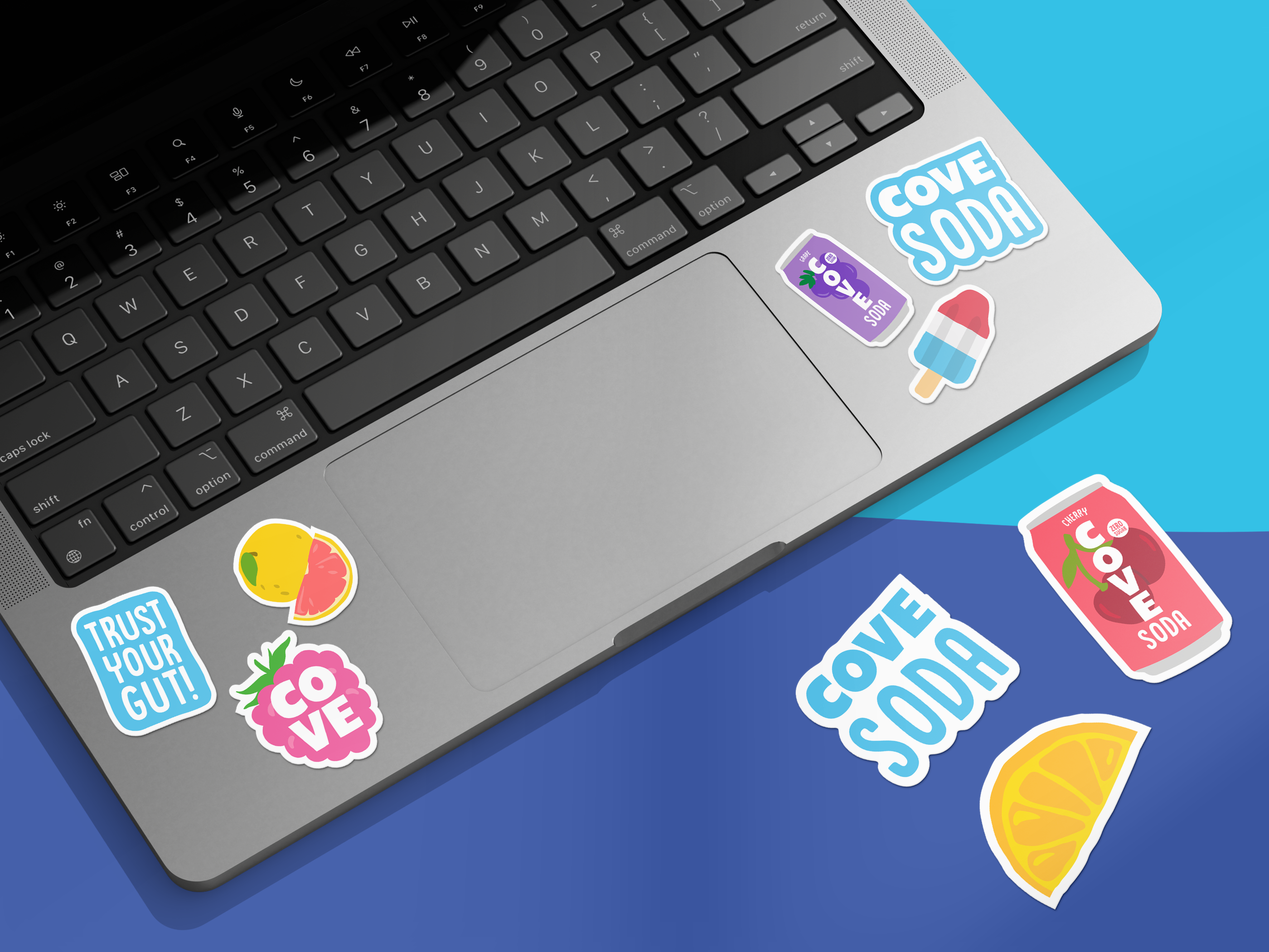 Promotional sticker design for CPG beverage brand Cove Soda, die-cut vinyl stickers featuring product illustrations and brand messaging for event marketing and retail giveaways