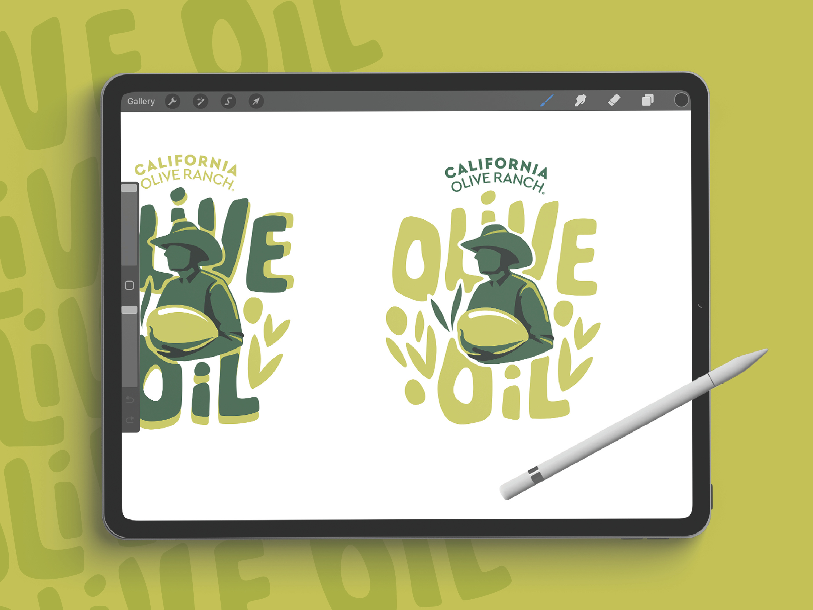 Illustration design for California Olive Ranch CPG marketing, stylized farmer and olive oil typography for brand storytelling and promotional materials