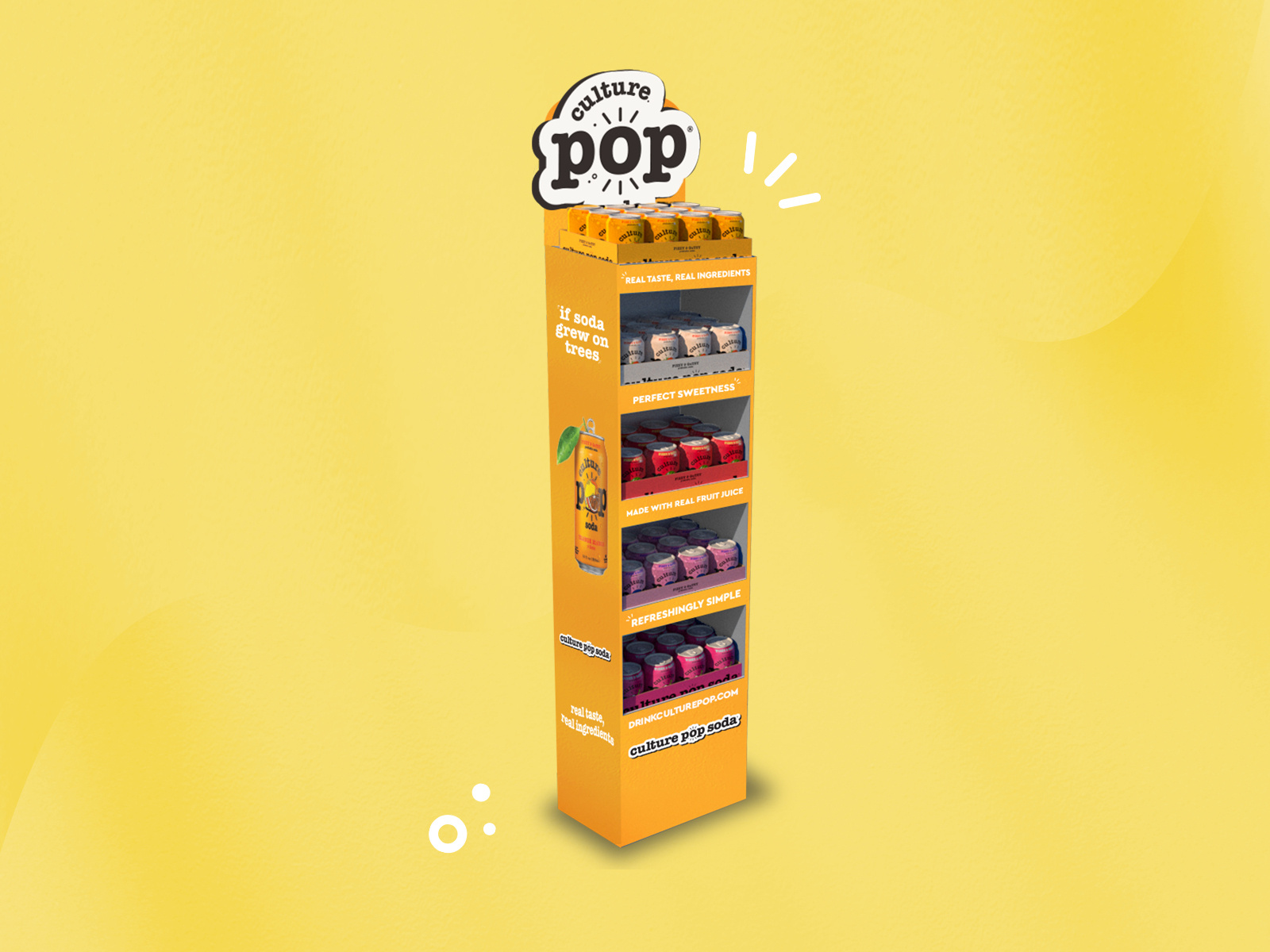Retail shipper display design for Culture Pop soda, point-of-sale merchandising unit for CPG beverage brand, bold yellow branding with product assortment