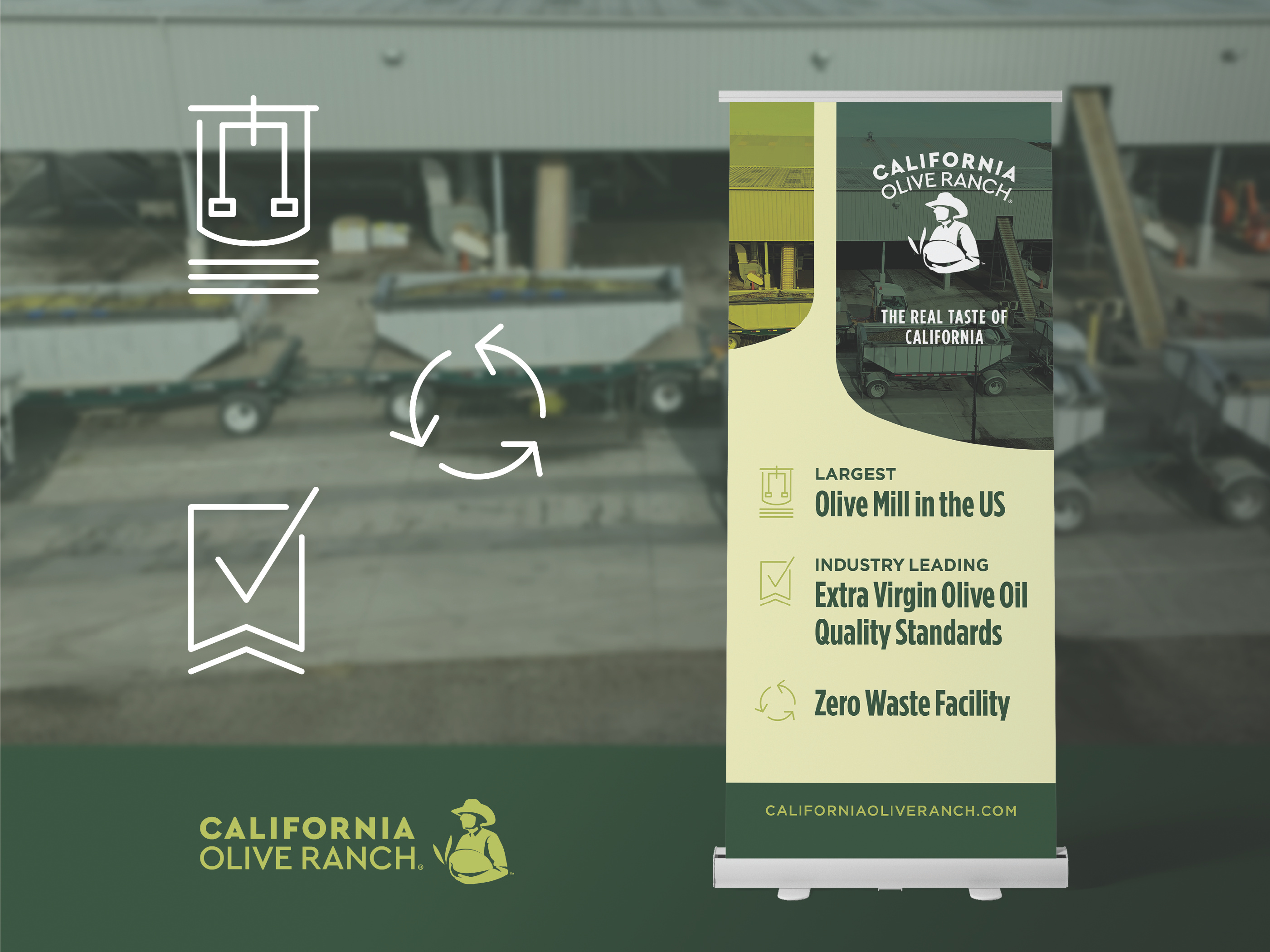 Retractable pop-up banner design for California Olive Ranch, trade marketing asset for events and trade shows featuring brand messaging, icons, and imagery