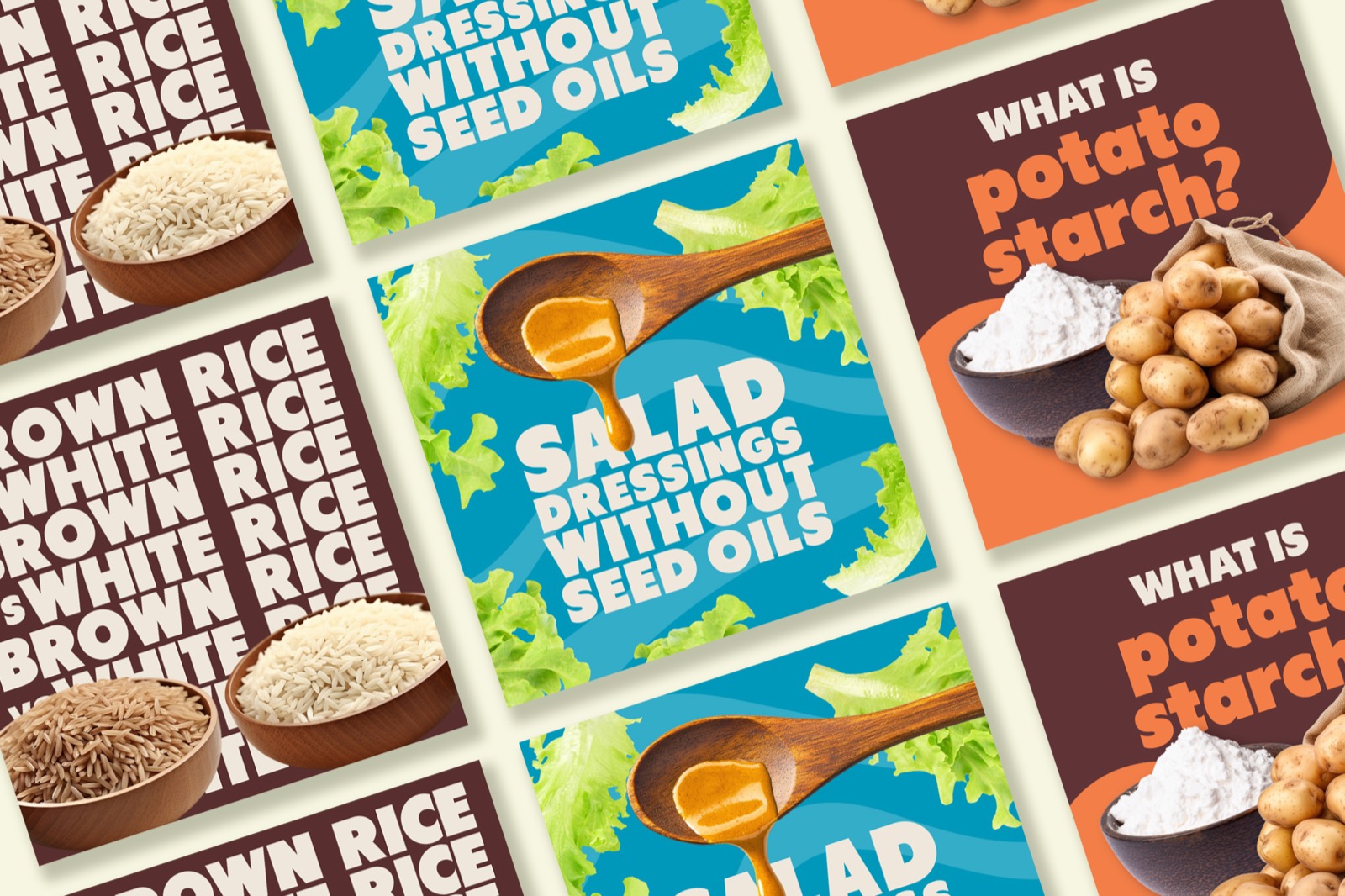 Social media graphics for CPG food brand, digital marketing assets with bold typography and food photography, educational content about rice types salad dressings and potato starch, designed for brand storytelling and engagement on digital channels