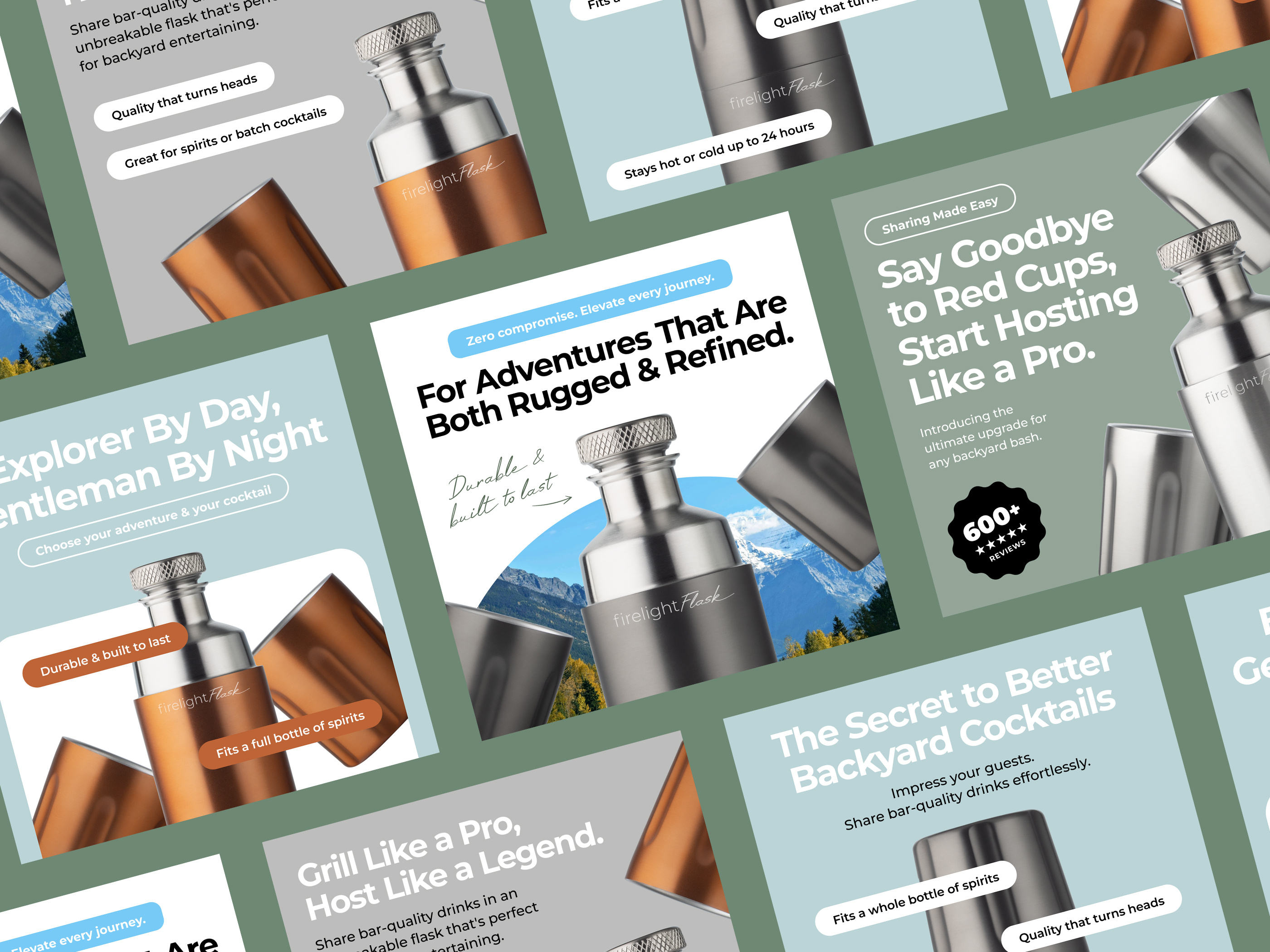 Digital ad design for DTC brand Firelight Flask showing various social media and display ad creatives with product imagery and lifestyle messaging