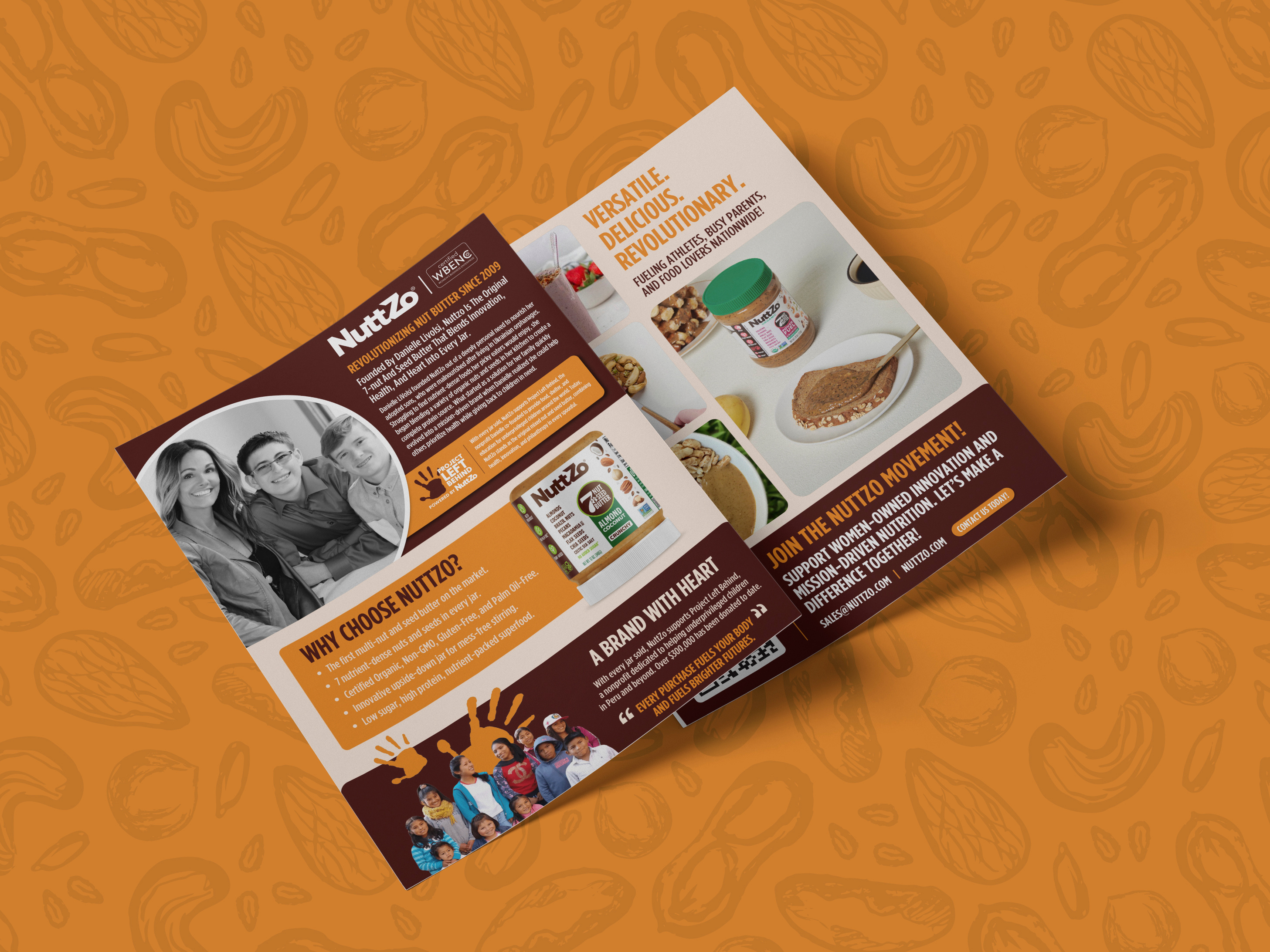 Sell sheet design for NuttZo, sales collateral for CPG nut butter brand featuring product details, brand story, and key benefits, optimized for trade shows and retail buyers