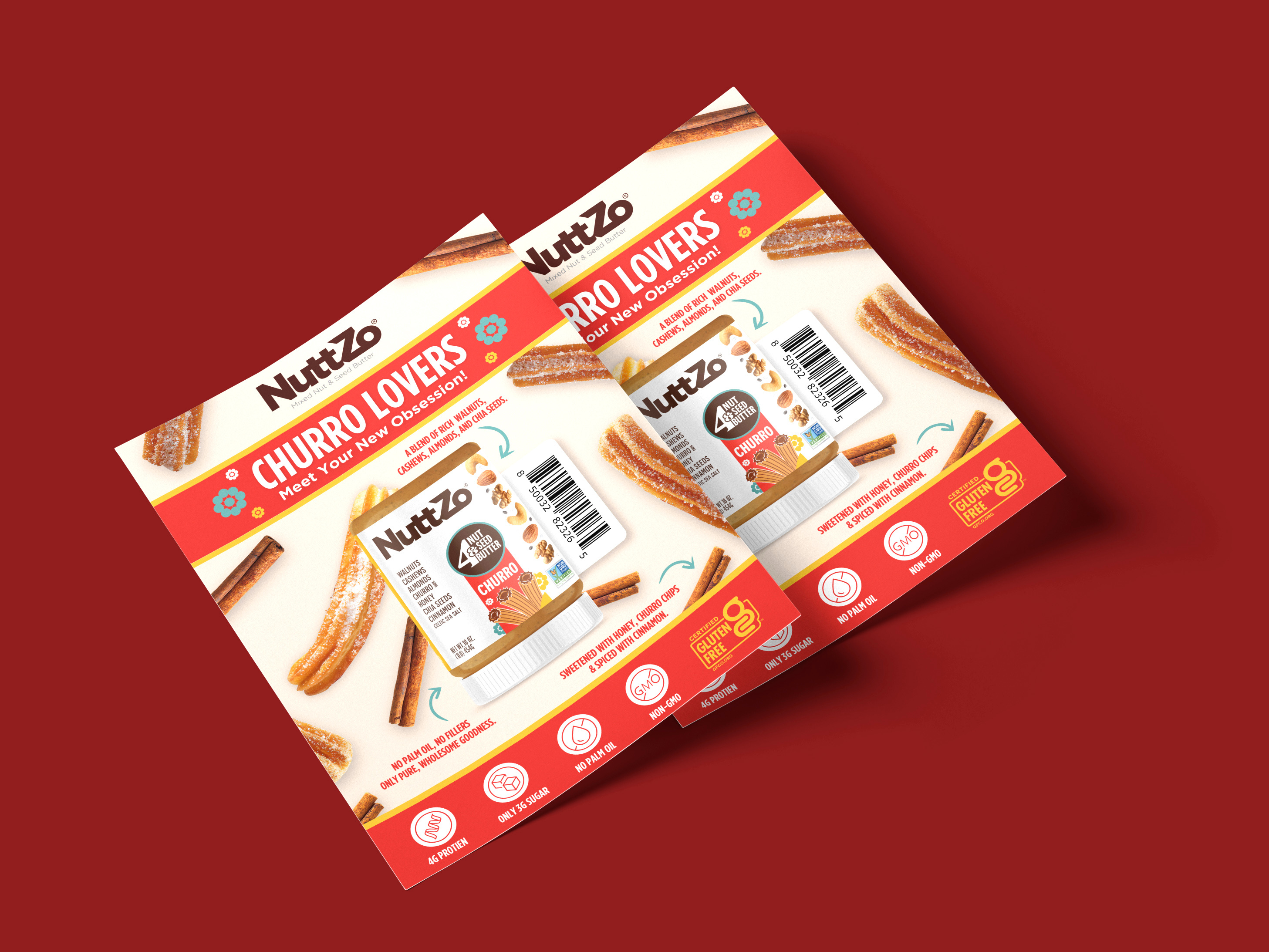 Sell sheet design for NuttZo, trade marketing asset for CPG snack brand used in retail promotions and events