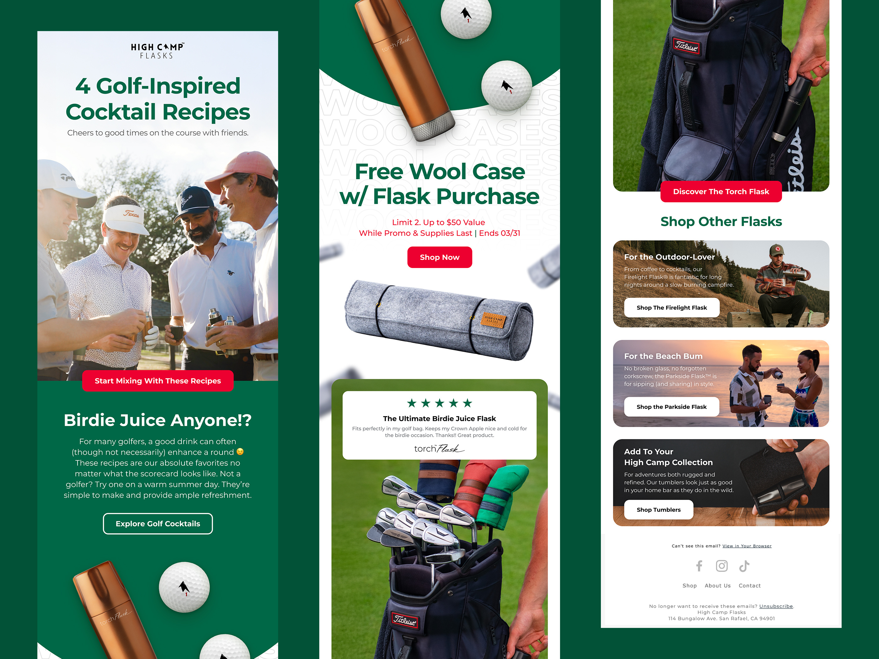 Email design for DTC brand High Camp Flasks featuring golf themed content and product promotions, long format e commerce email marketing layout with lifestyle imagery and calls to action