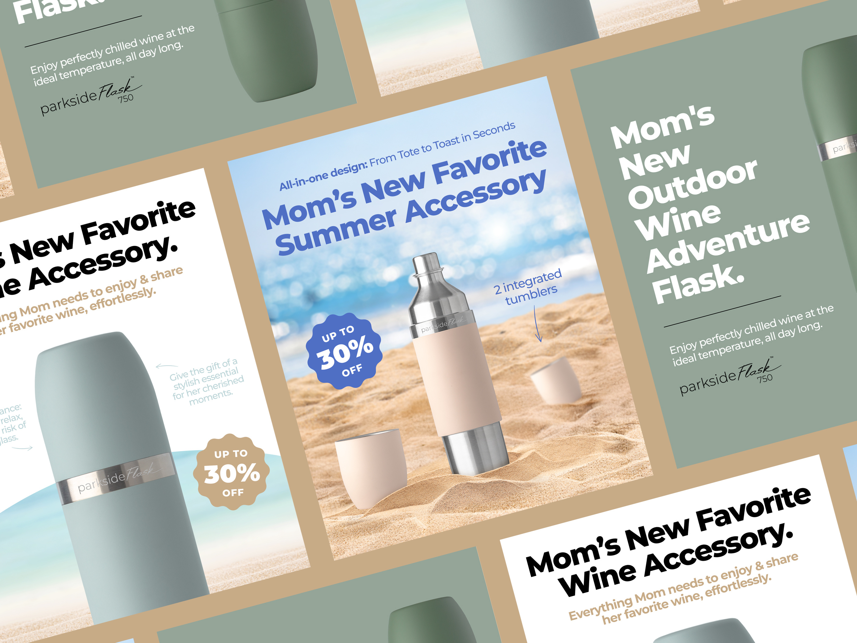Digital ad design for DTC brand Parkside Flask featuring social media marketing creatives for summer promotions. The layouts include product imagery lifestyle photos and discount messaging optimized for performance marketing across Meta and Instagram platforms.