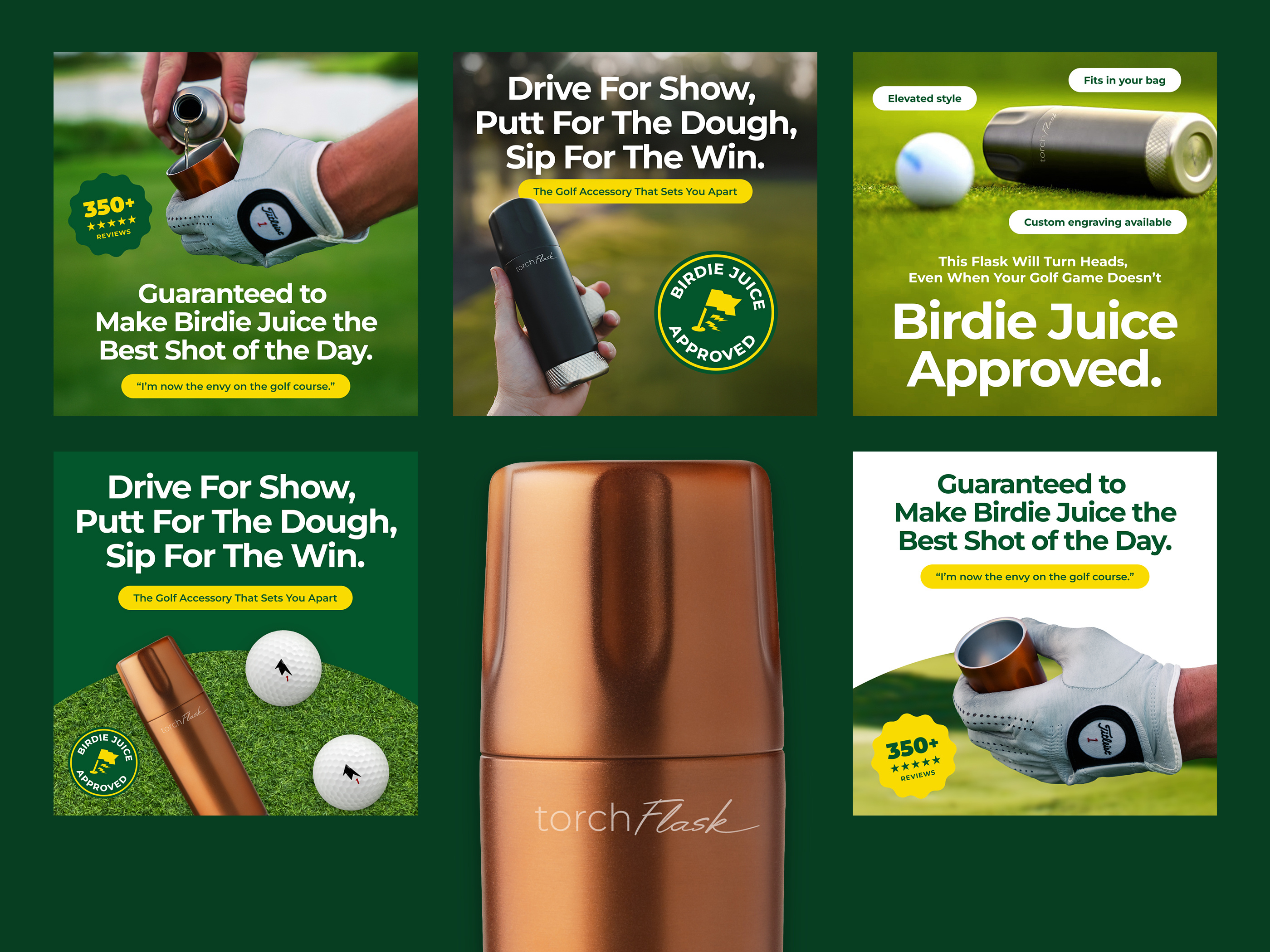 Digital advertising design and social media ad creatives for DTC golf brand torchFlask, performance marketing layouts optimized for Facebook and Instagram campaigns