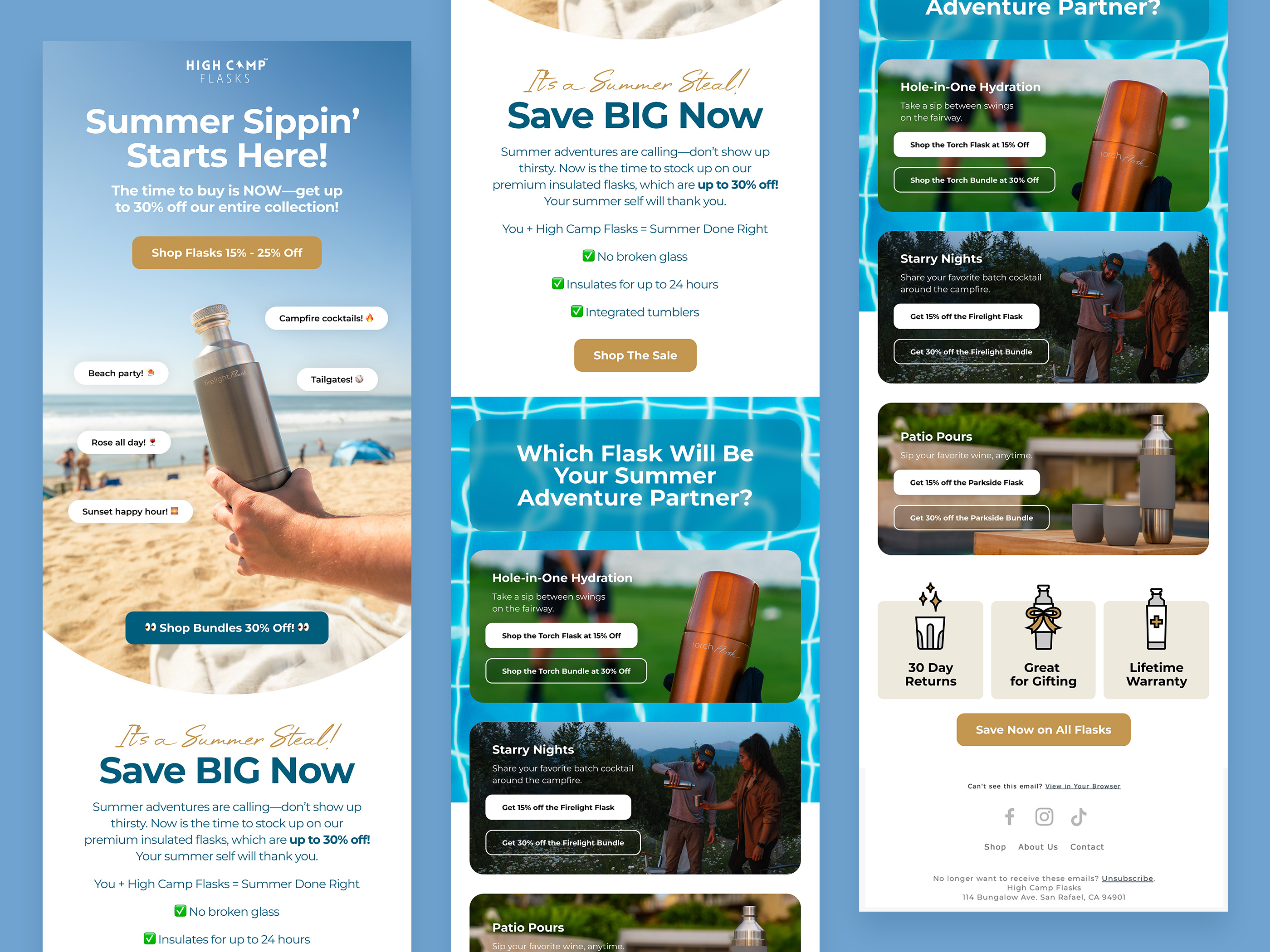 Email design and e-commerce marketing layouts for a DTC beverage accessory brand featuring summer promotional campaigns and product spotlights