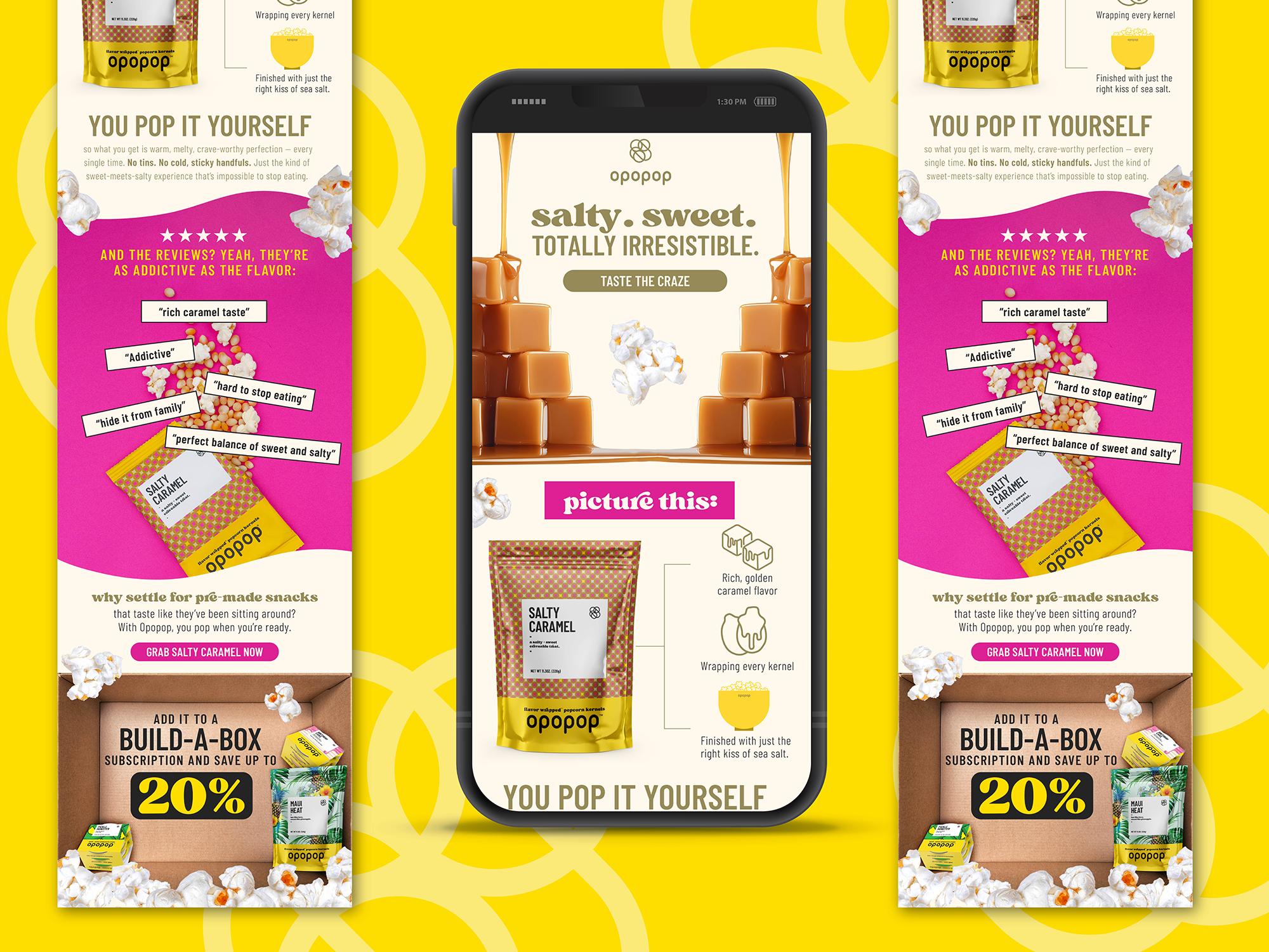 Email design for snack brand Opopop, promotional email marketing layout featuring Salty Caramel flavor, product photography, customer reviews, and subscription offer call to action