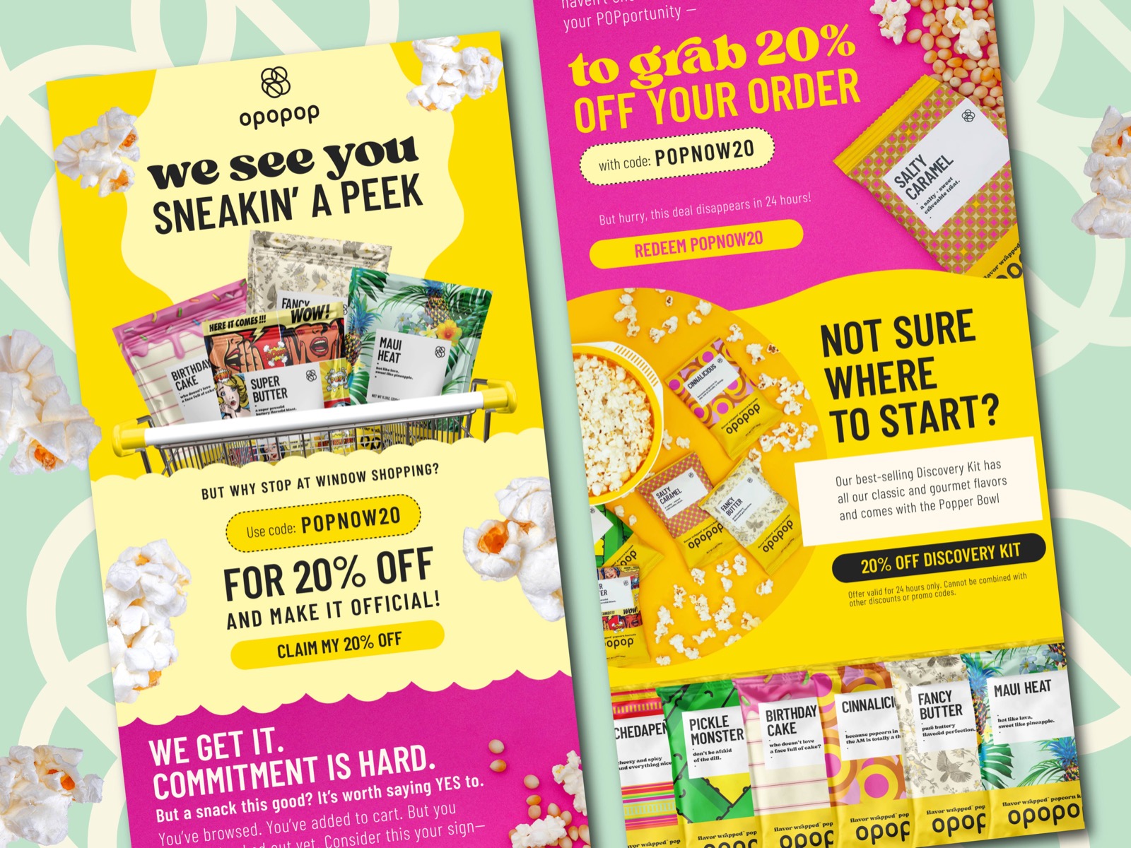 Email design for Opopop, e-commerce email marketing layout for cart abandonment and product discovery, bold colors, product imagery, and clear calls to action