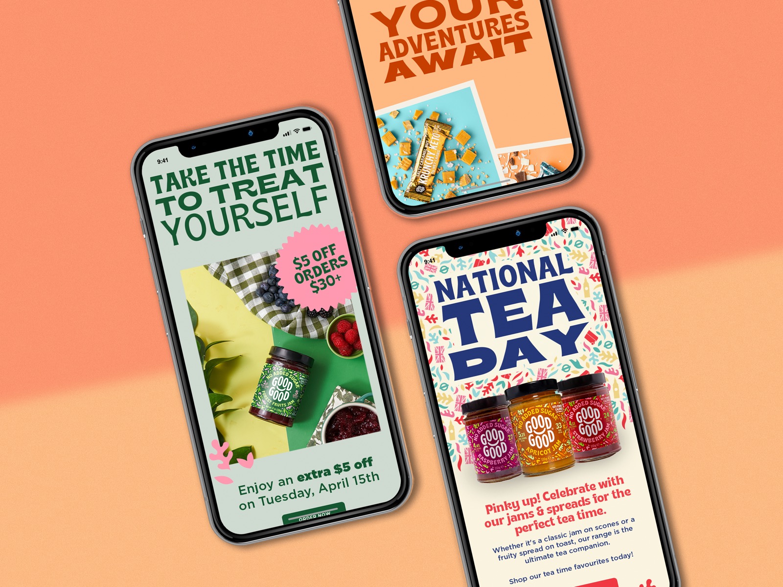 Email design for CPG and DTC brand Good Good, e-commerce email marketing layouts optimized for mobile devices, promotional campaigns, and brand storytelling