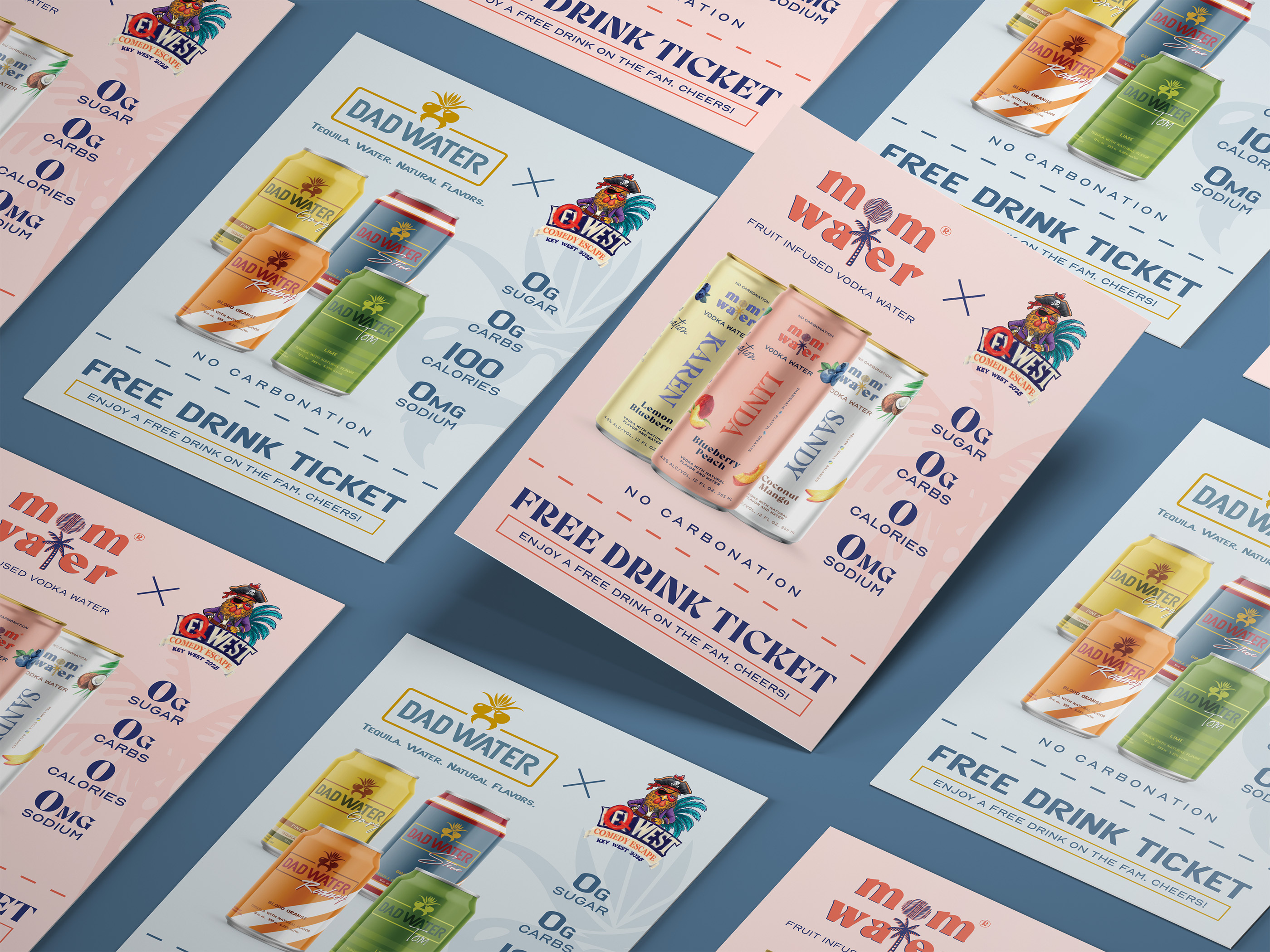 Promotional flyer design for Dad Water and Mom Water, free drink ticket for Key West Comedy Escape event, event marketing and trade show handout with bold product imagery and clear typography