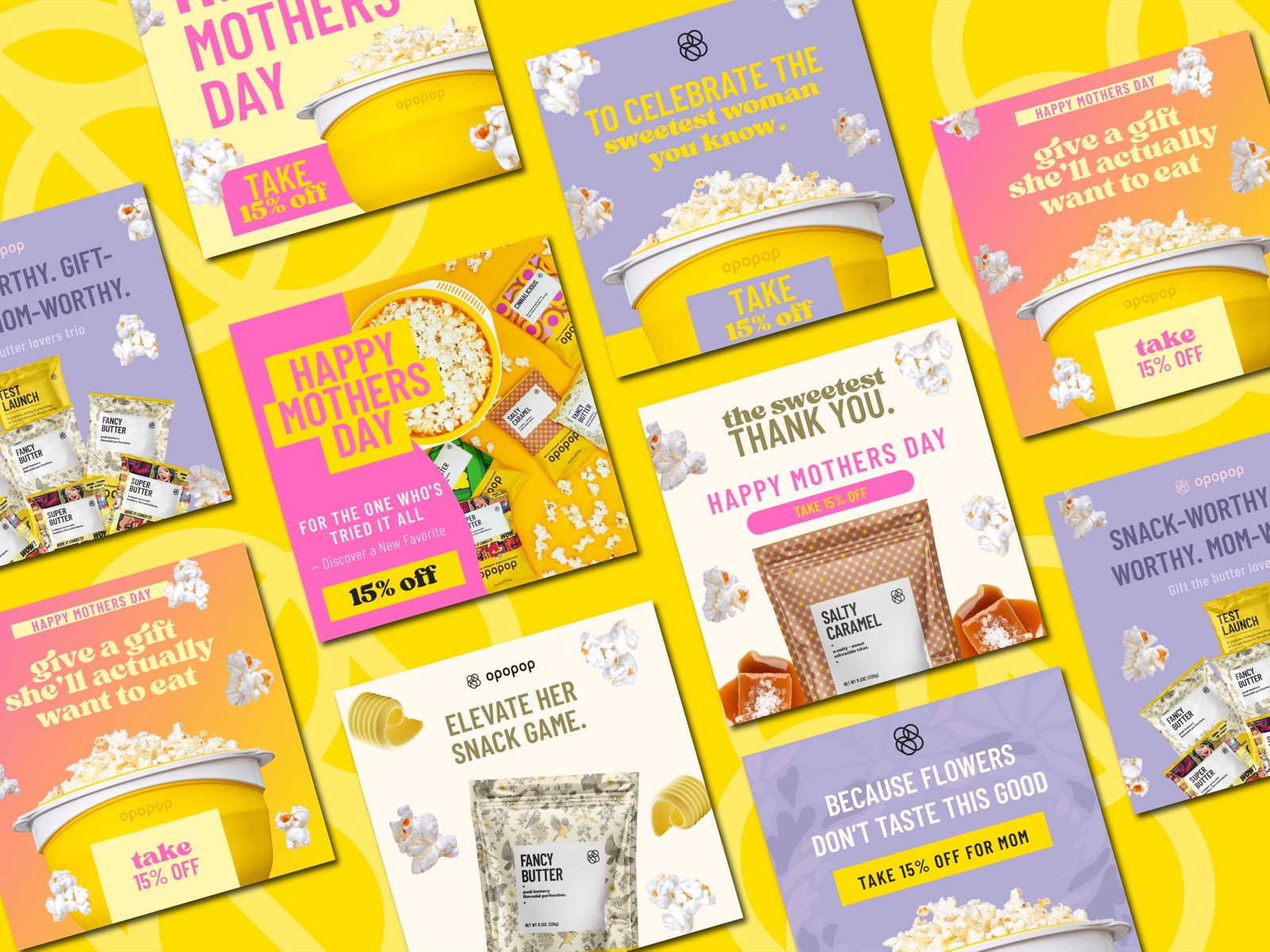 Digital ad design for CPG popcorn brand Opopop, social media advertising assets for Mother's Day promotion, performance creative for DTC marketing campaigns