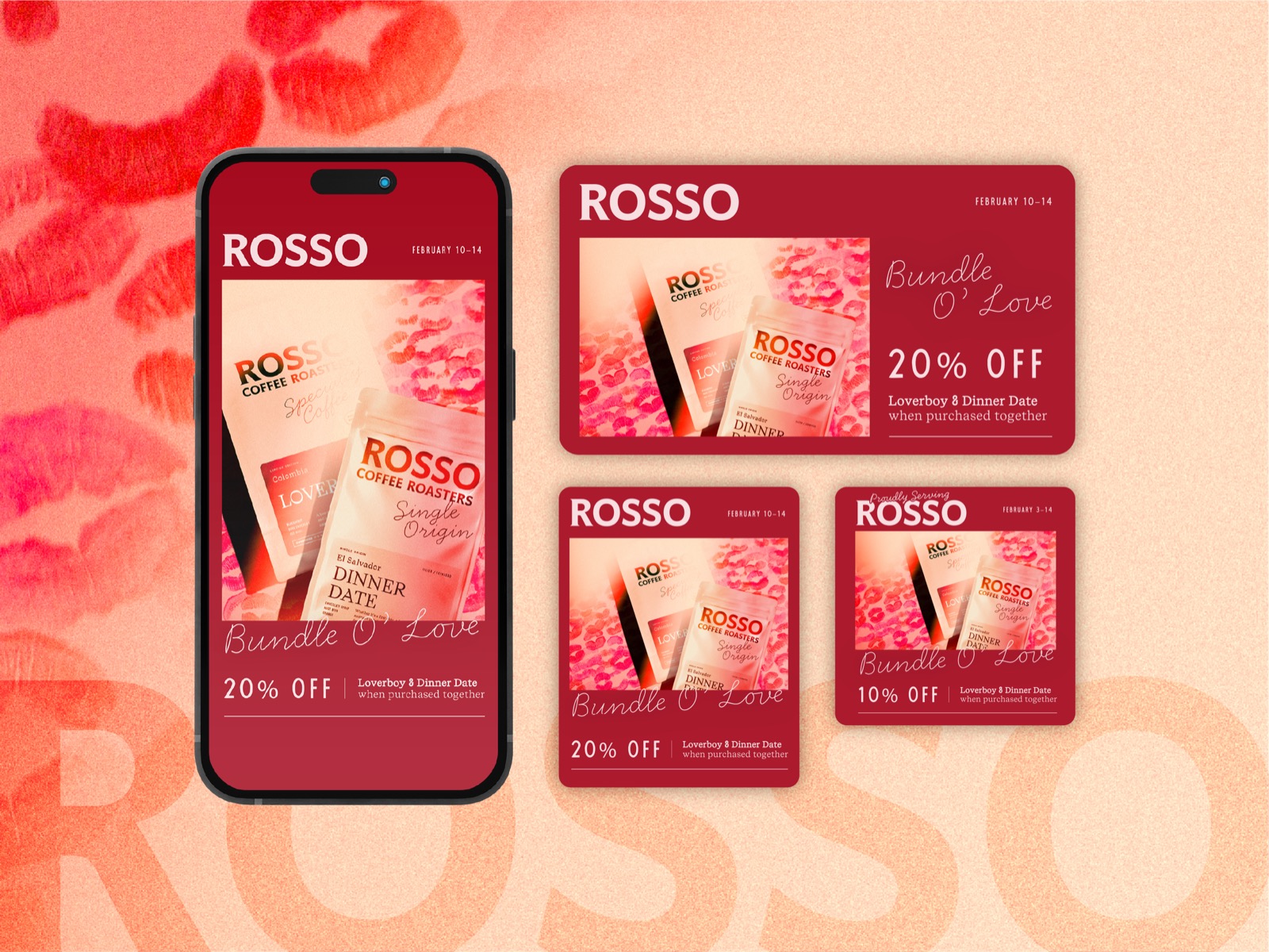 Social media ad design for Rosso Coffee Roasters, promotional campaign graphics for Valentine's Day bundle, digital marketing assets for CPG brand