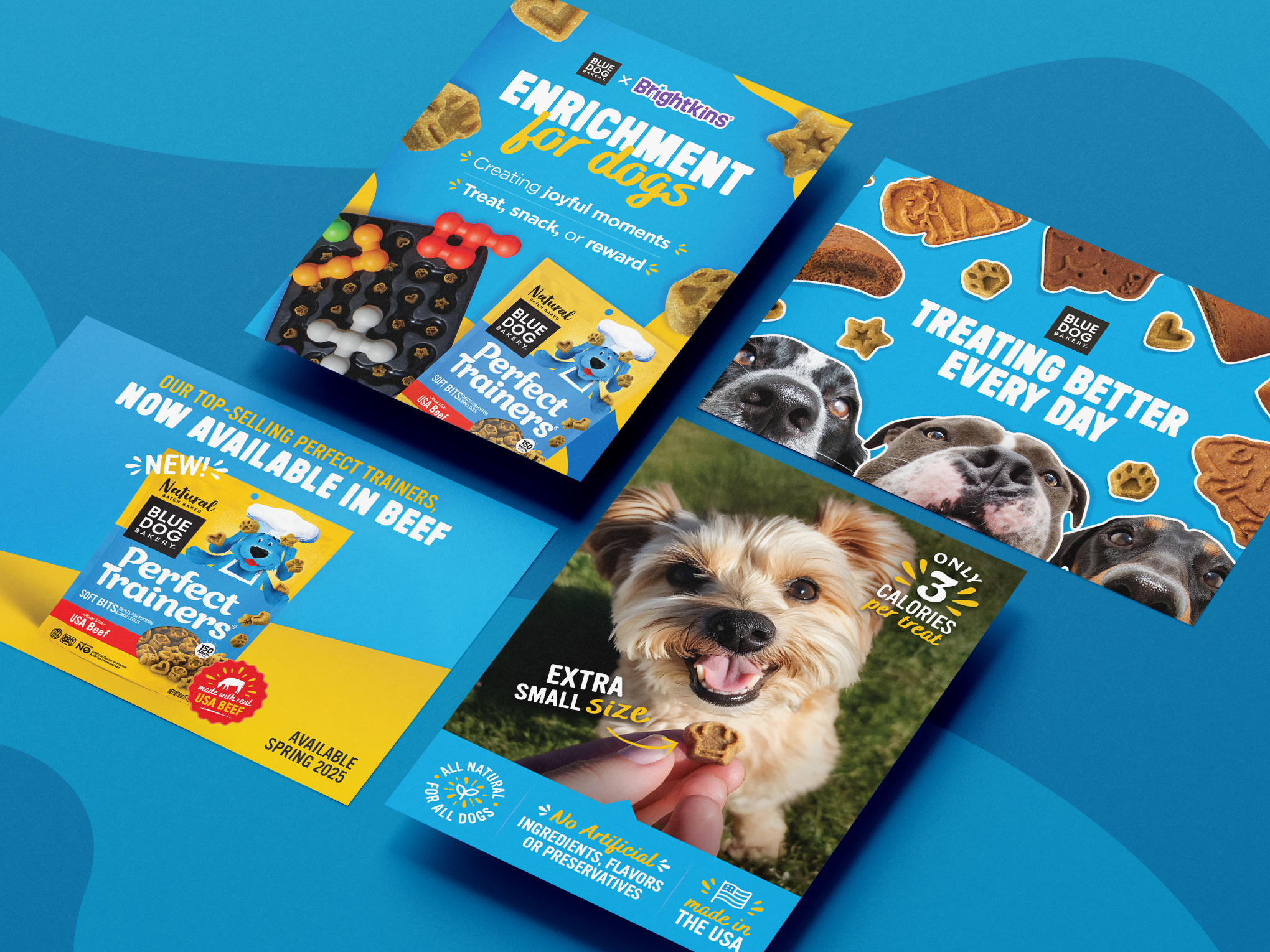 Poster and postcard design for Blue Dog Bakery and Brightkins, trade marketing assets for events and retail promotions featuring dog treats and enrichment products with bold colors and clear messaging