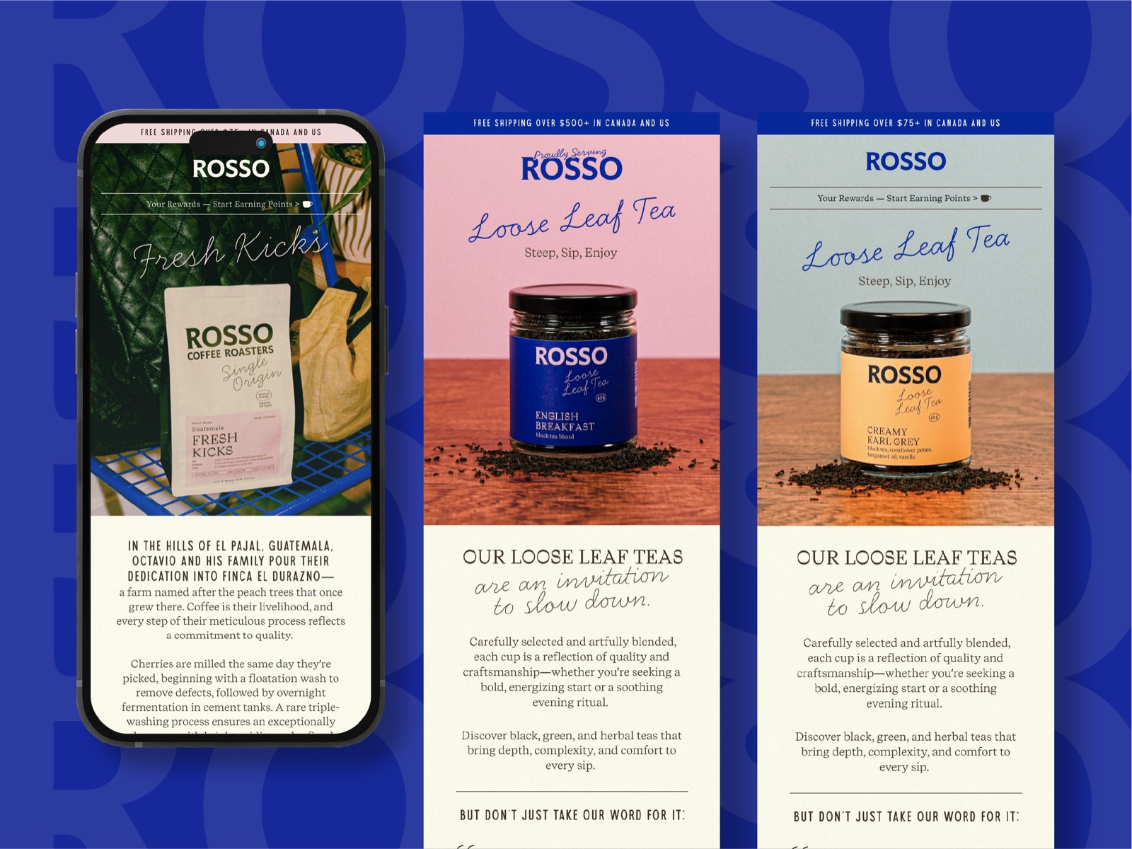 Email design for CPG brand ROSSO, e-commerce email marketing layout for coffee and loose leaf tea products