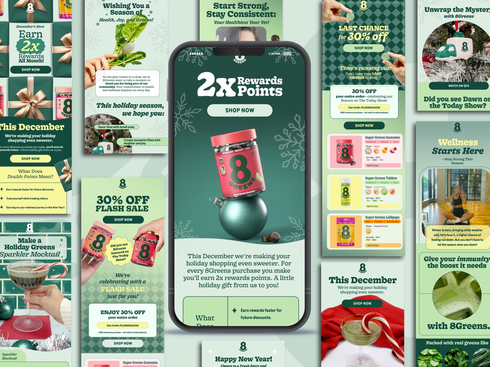 Email design for wellness brand 8Greens, e-commerce email marketing layouts optimized for promotions, product launches, and seasonal campaigns