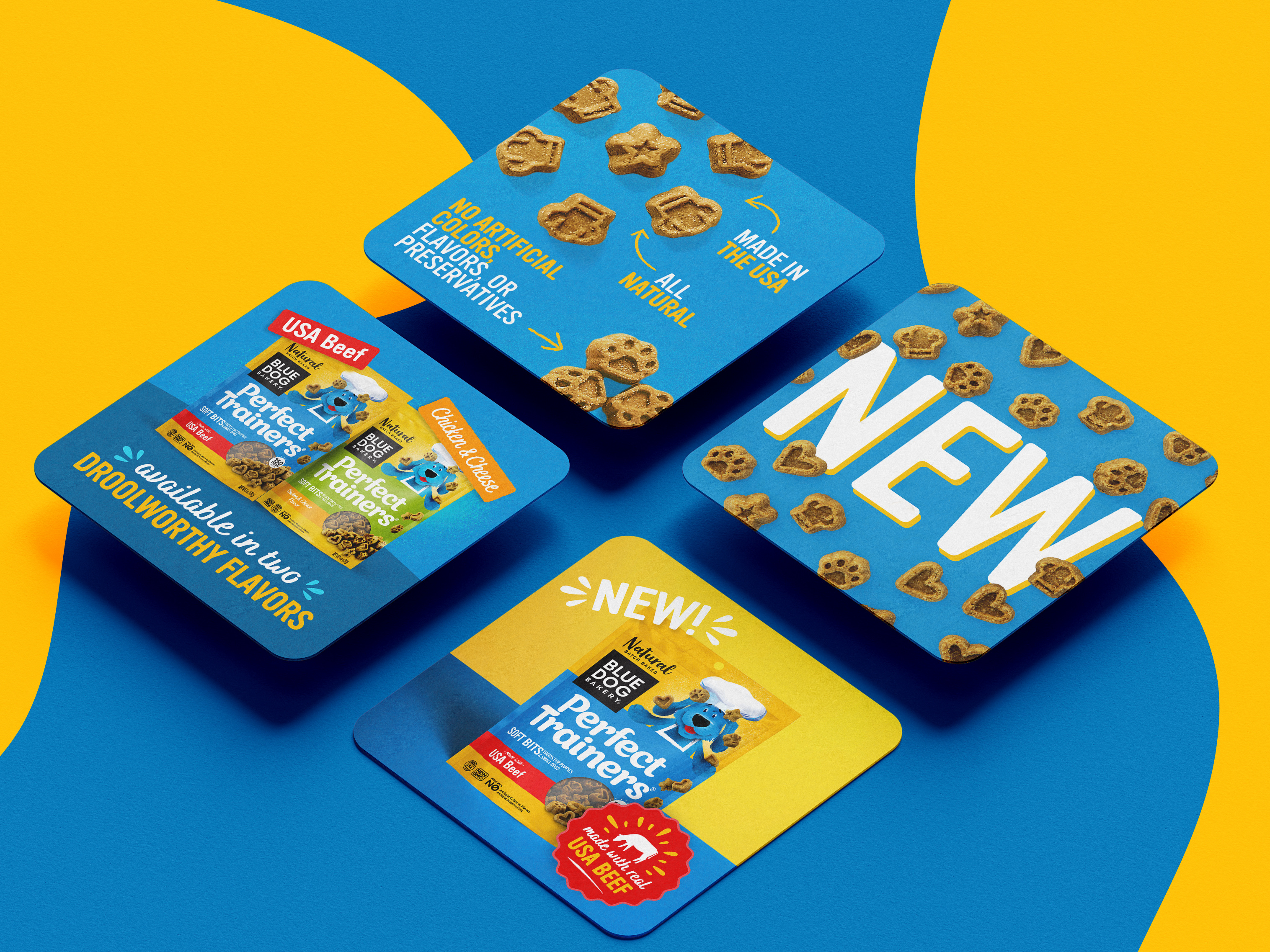 Social media design and digital marketing assets for CPG pet brand featuring bright colors bold typography and product photography for new launch campaign